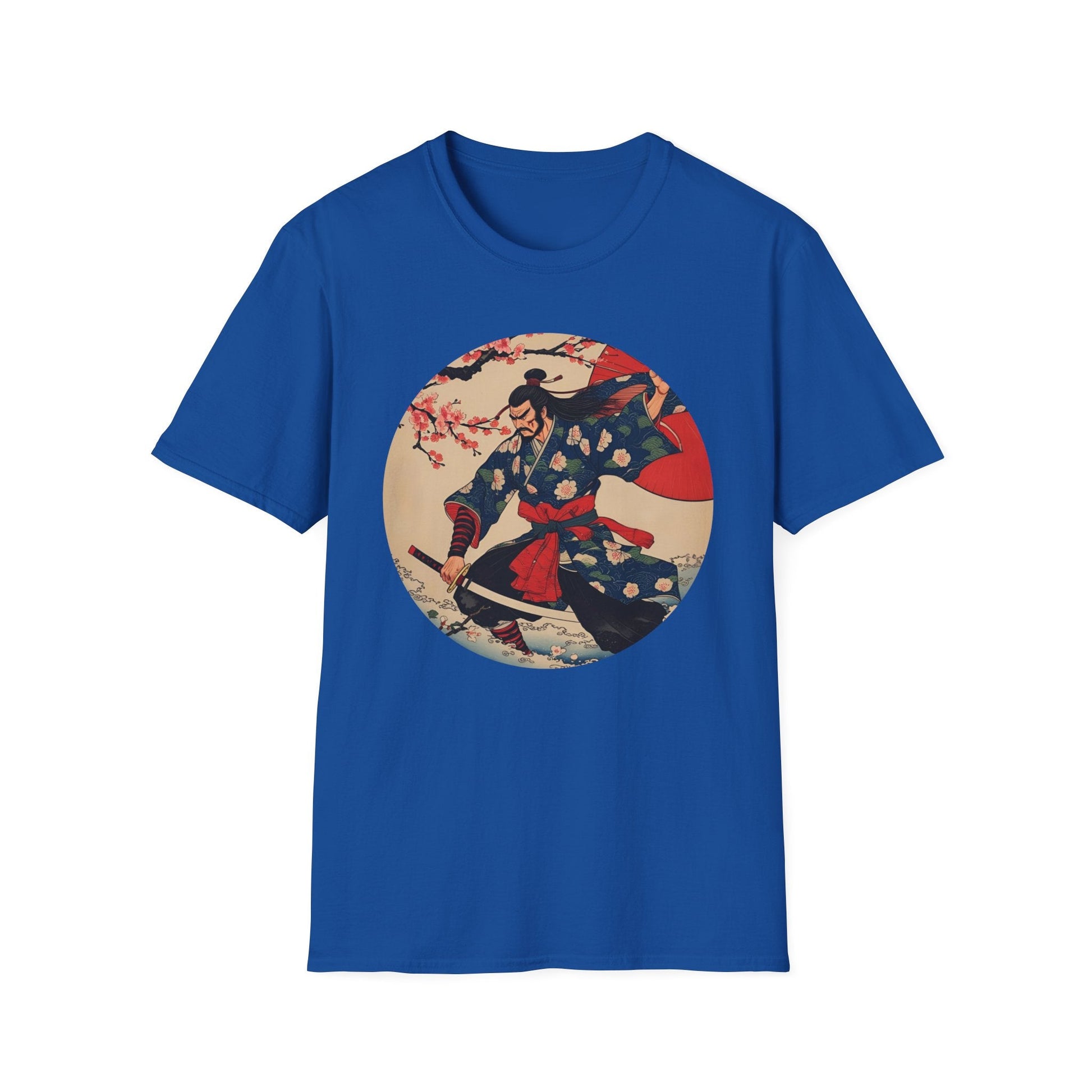 Crimson Bloom Ronin Samurai Warrior T-Shirt in royal, artwork featuring a dynamic samurai warrior with cherry blossoms, crimson parasol and vintage Japanese-inspired style.