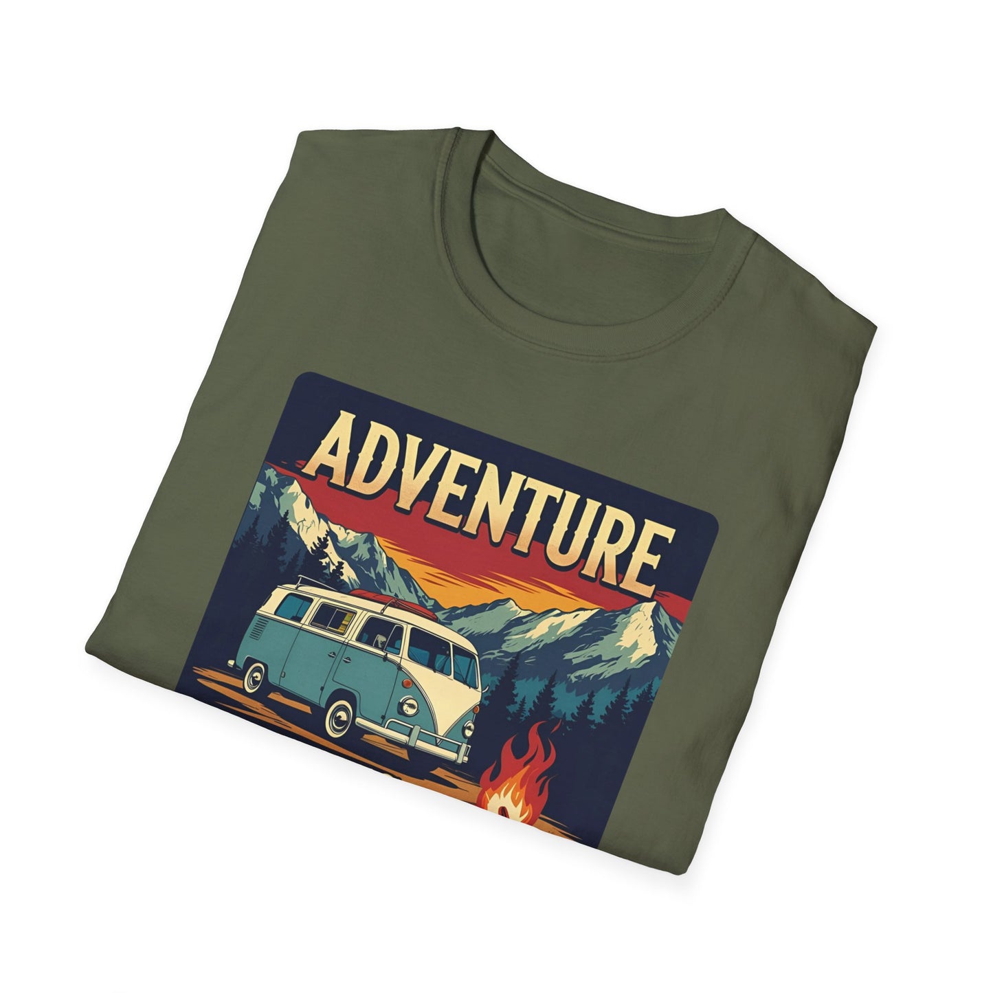 Adventure Awaits - Retro Camper Van Adventure T-Shirt in Military Green - Folded