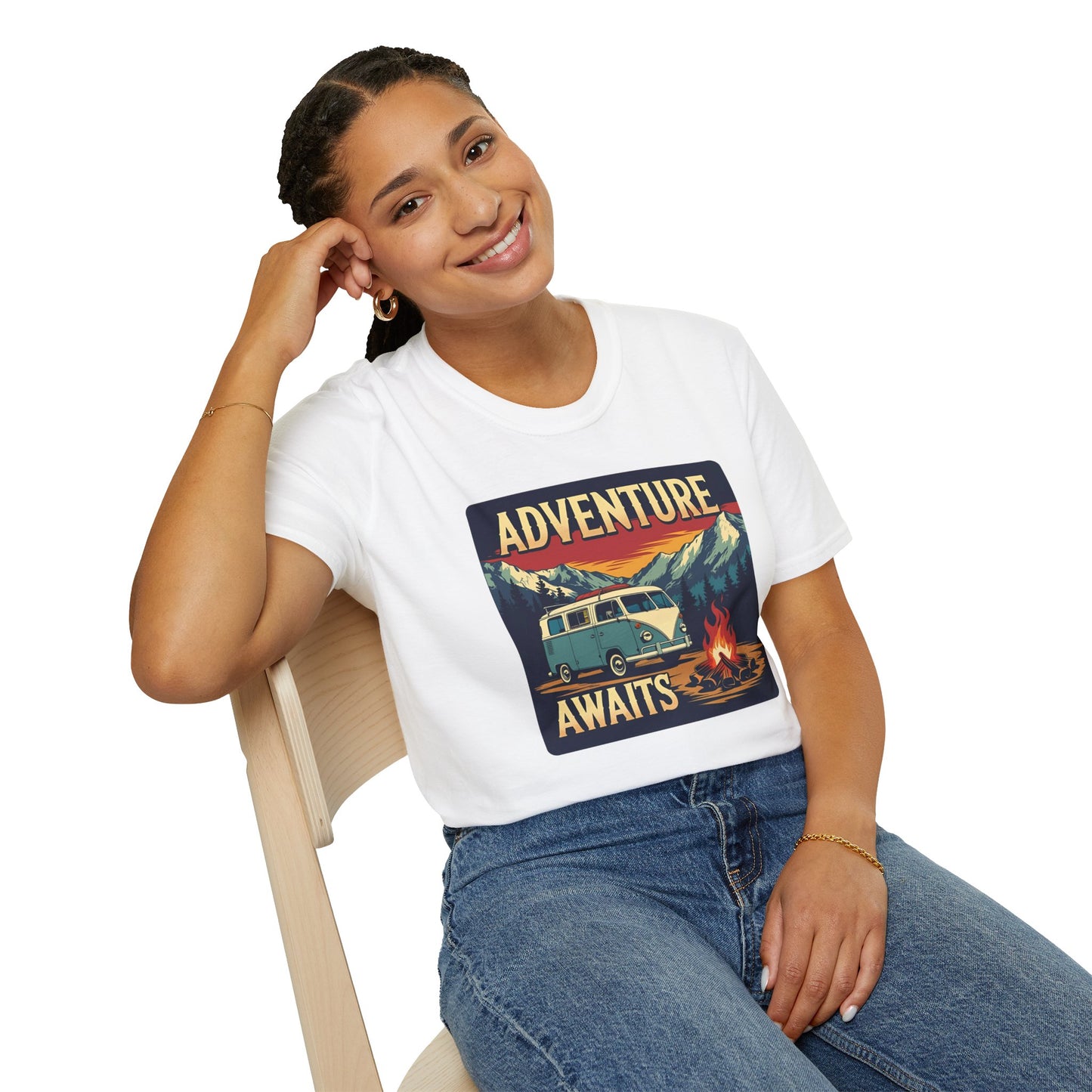 Adventure Awaits - Retro Camper Van Adventure T-Shirt in White