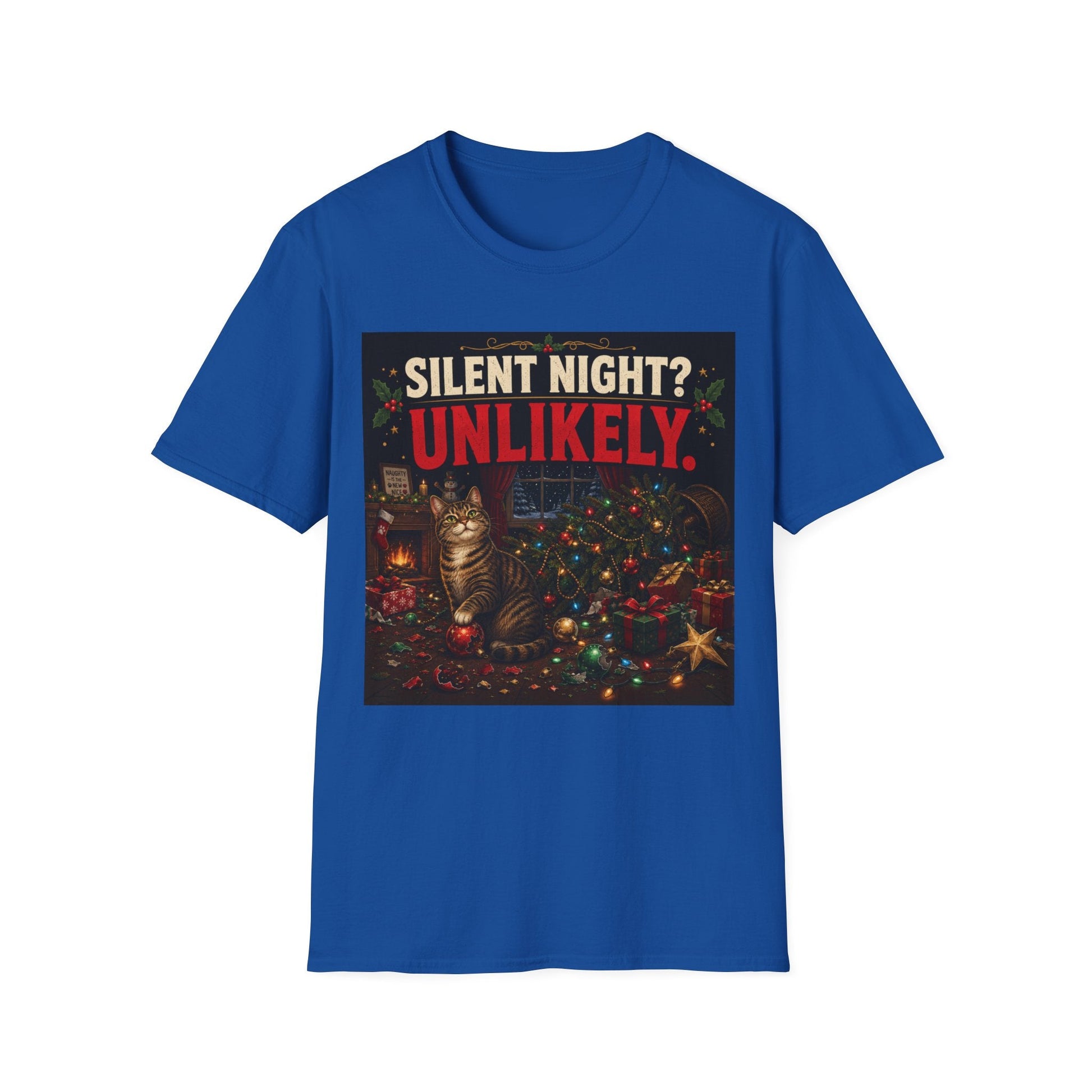 Silent Night? Unlikely. Cat Christmas T-Shirt in royal, design featuring a guilty cat beside a destroyed Christmas tree and festive chaos.