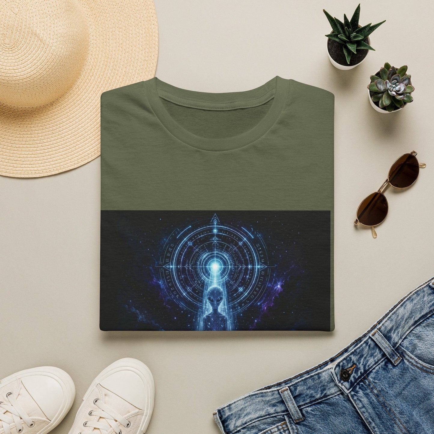 Folded Signal from the Void alien T-Shirt in military green with cosmic sci-fi artwork