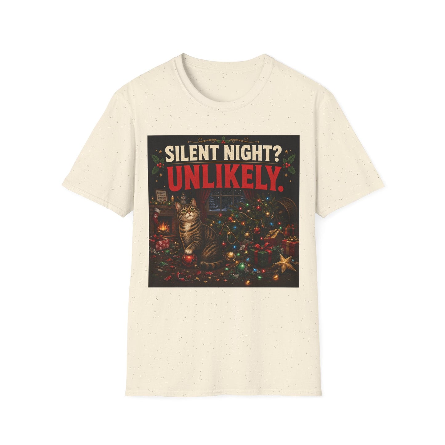 Silent Night? Unlikely. Cat Christmas T-Shirt in natural, design featuring a guilty cat beside a destroyed Christmas tree and festive chaos.