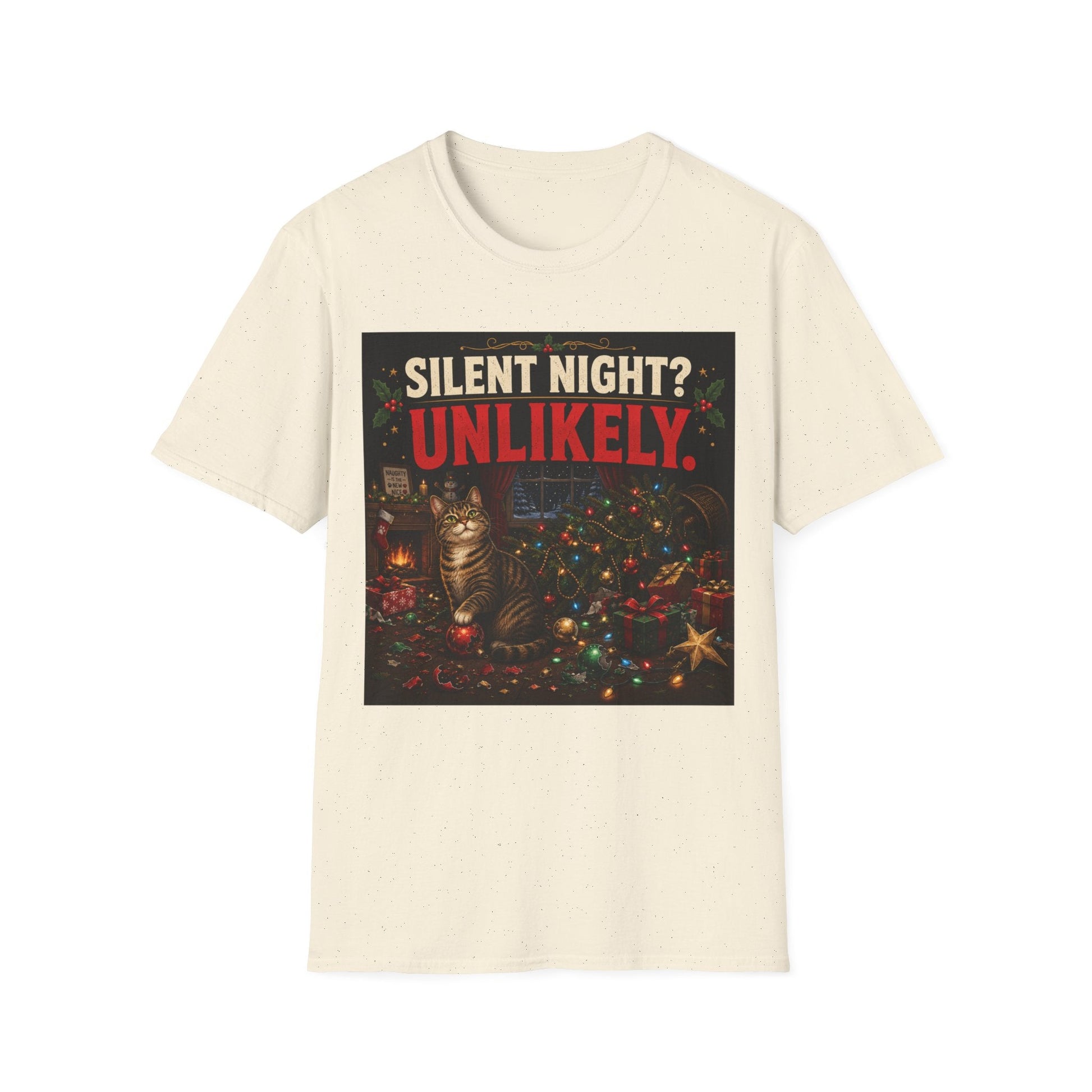 Silent Night? Unlikely. Cat Christmas T-Shirt in natural, design featuring a guilty cat beside a destroyed Christmas tree and festive chaos.