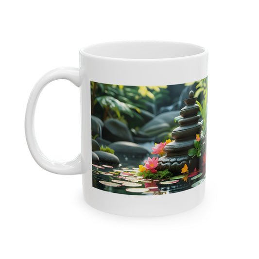 Still Waters – Lotus & Stones Mug - white mug with serene image
