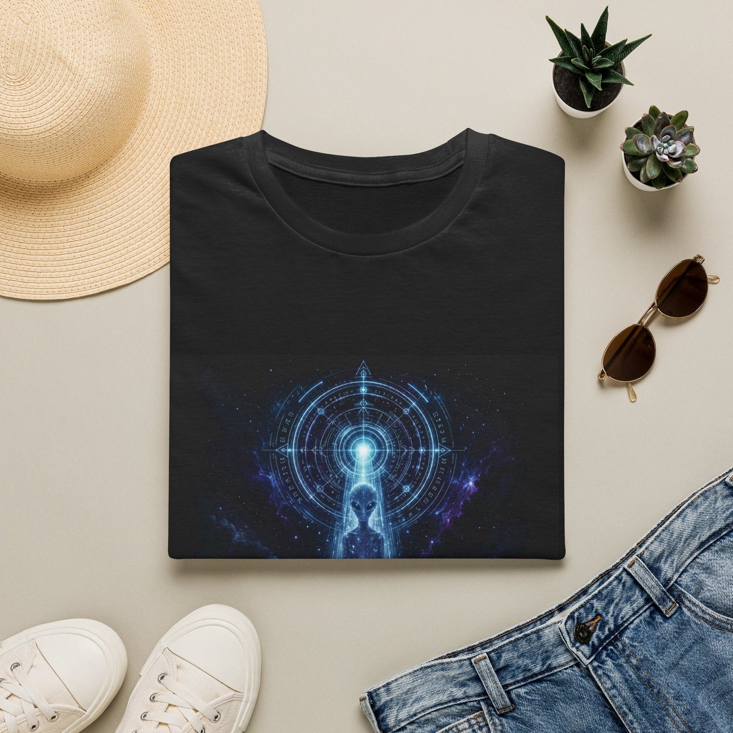 Folded Signal from the Void alien T-Shirt in black with cosmic sci-fi artwork