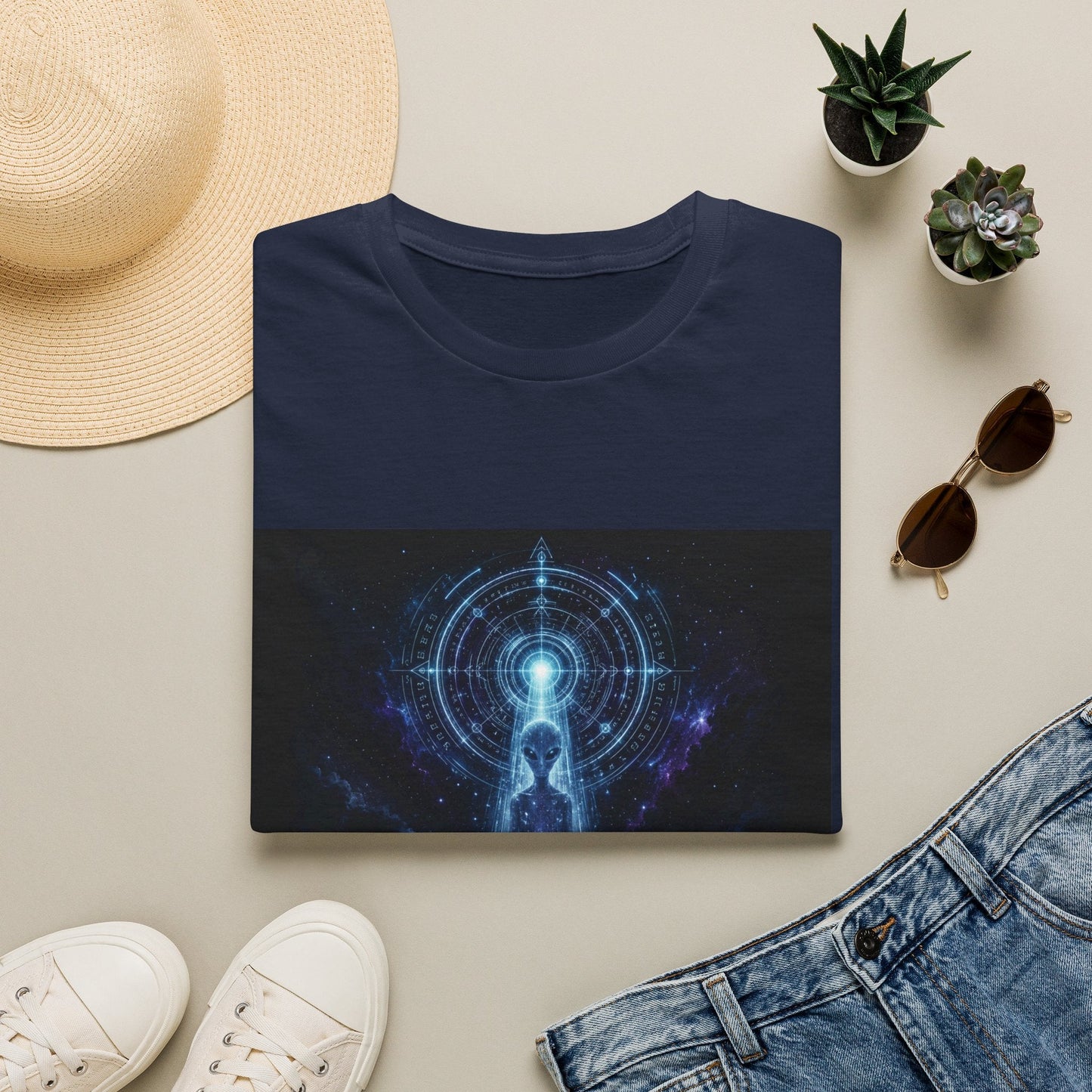 Folded Signal from the Void alien T-Shirt in navy with cosmic sci-fi artwork