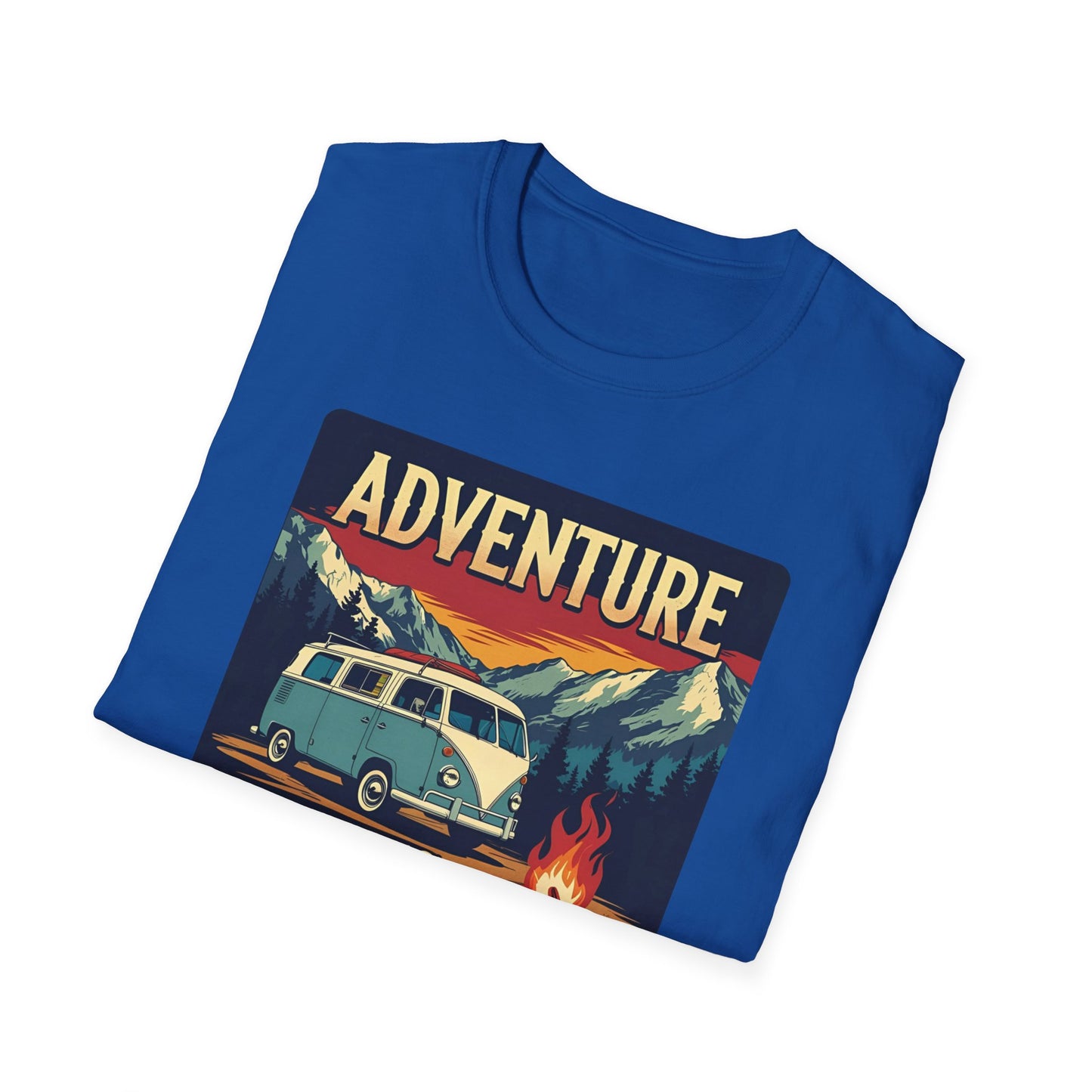 Adventure Awaits - Retro Camper Van Adventure T-Shirt in Royal - Folded