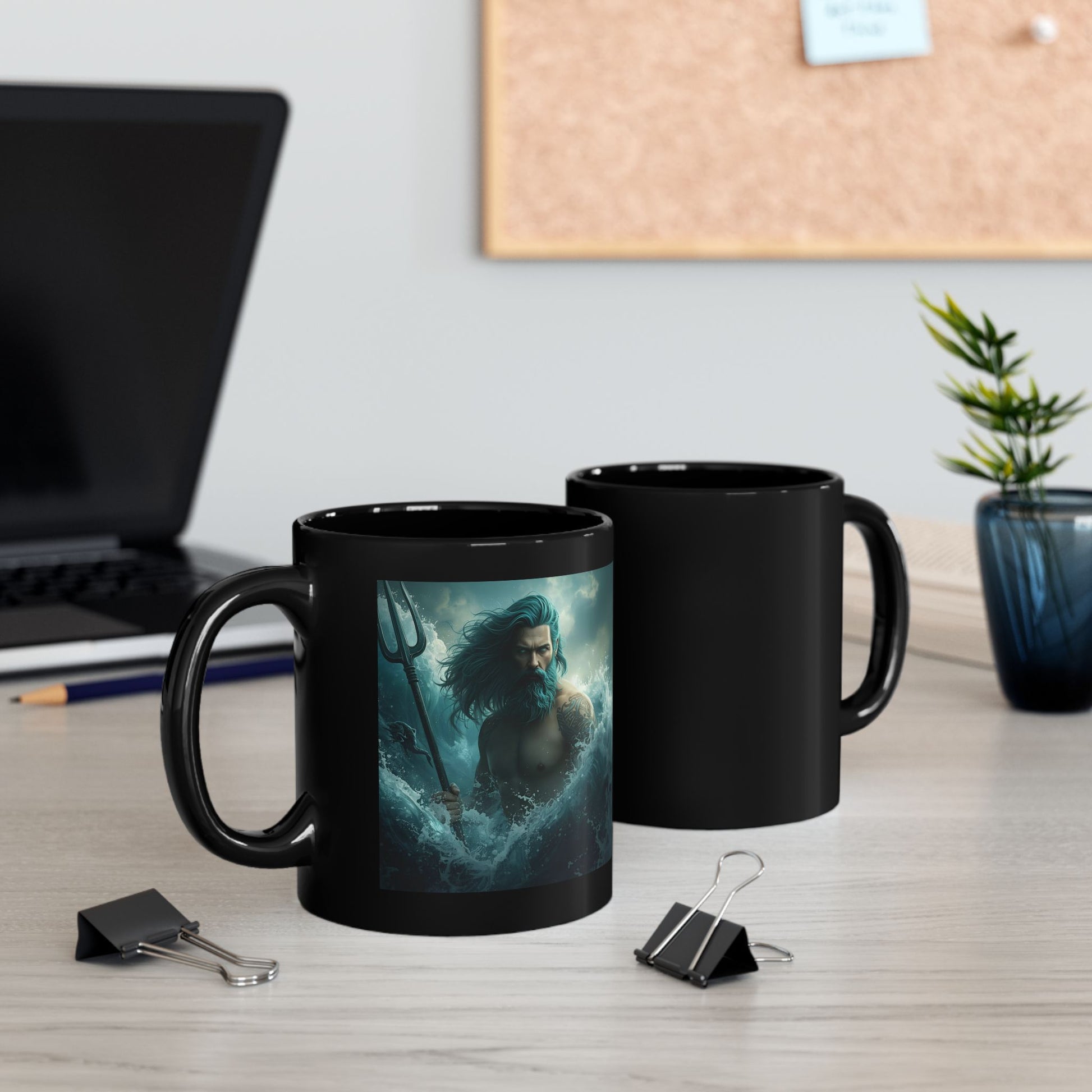 Poseidon - Lord of the Tides Mug - two mugs with front and back view - black mug with image of Poseidon