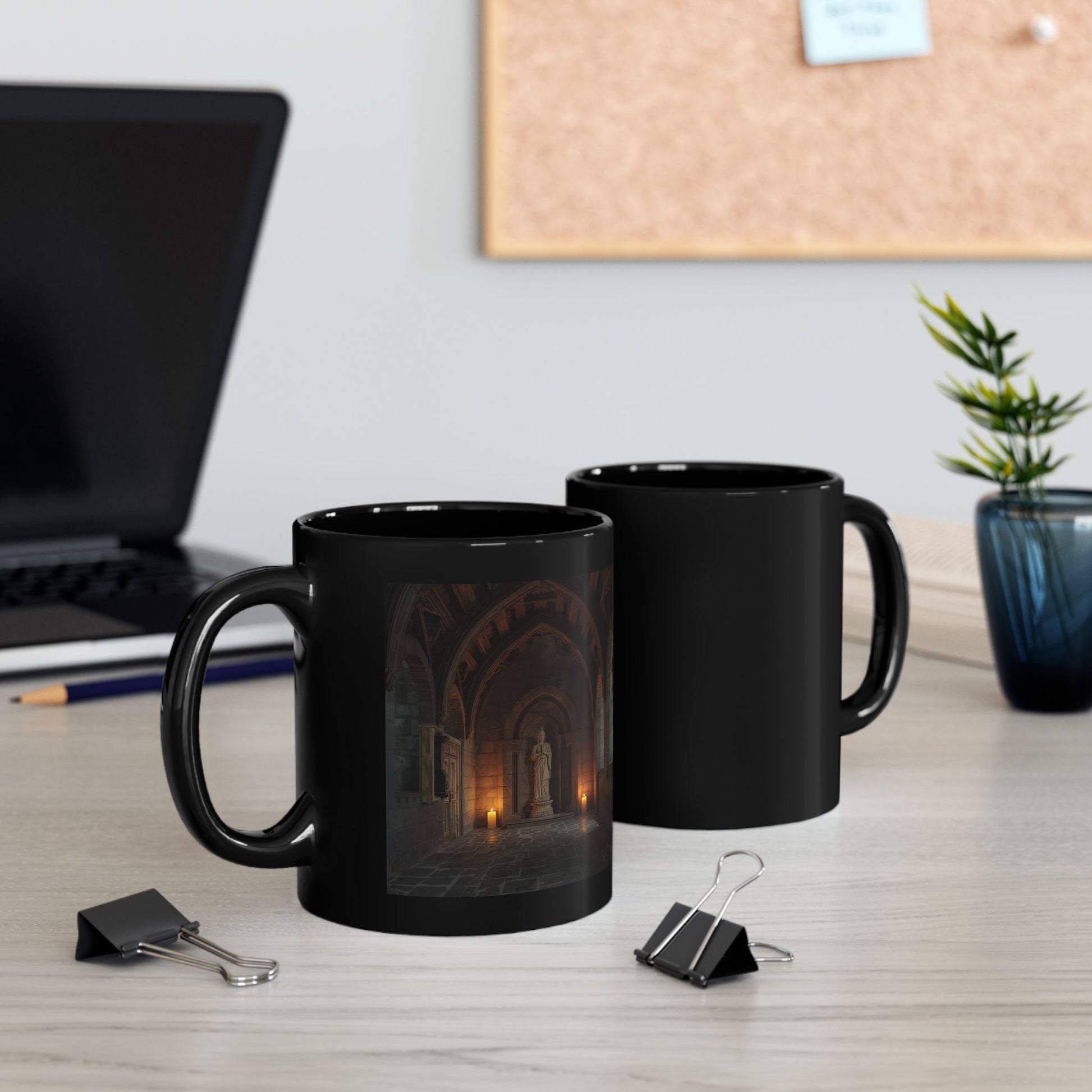 Alcove of Quiet Light mug - Two mugs with front and back views. Black mugs on a desk 