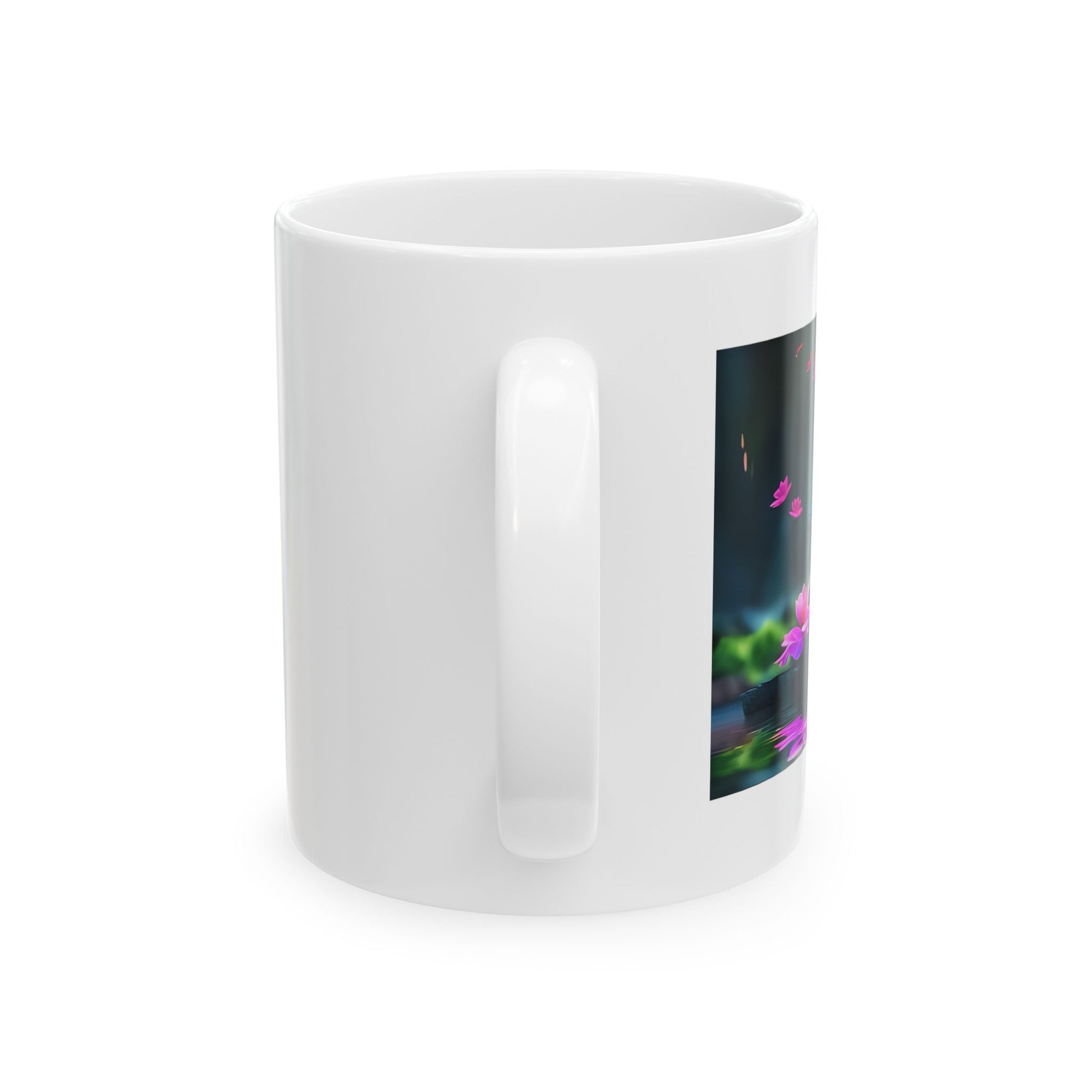 Lotus Temple Reflections Mug - Side View - White mug with a serene design 