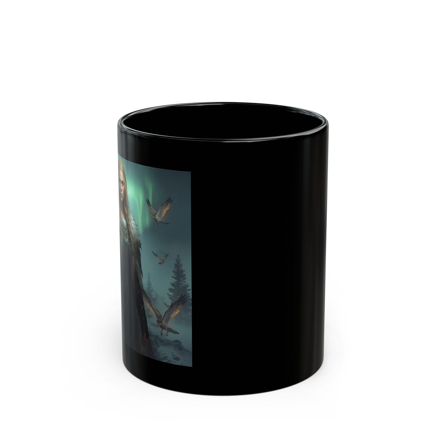 Freyja – Norse Goddess of Magic Mug - side view - black mug with image of Freyja