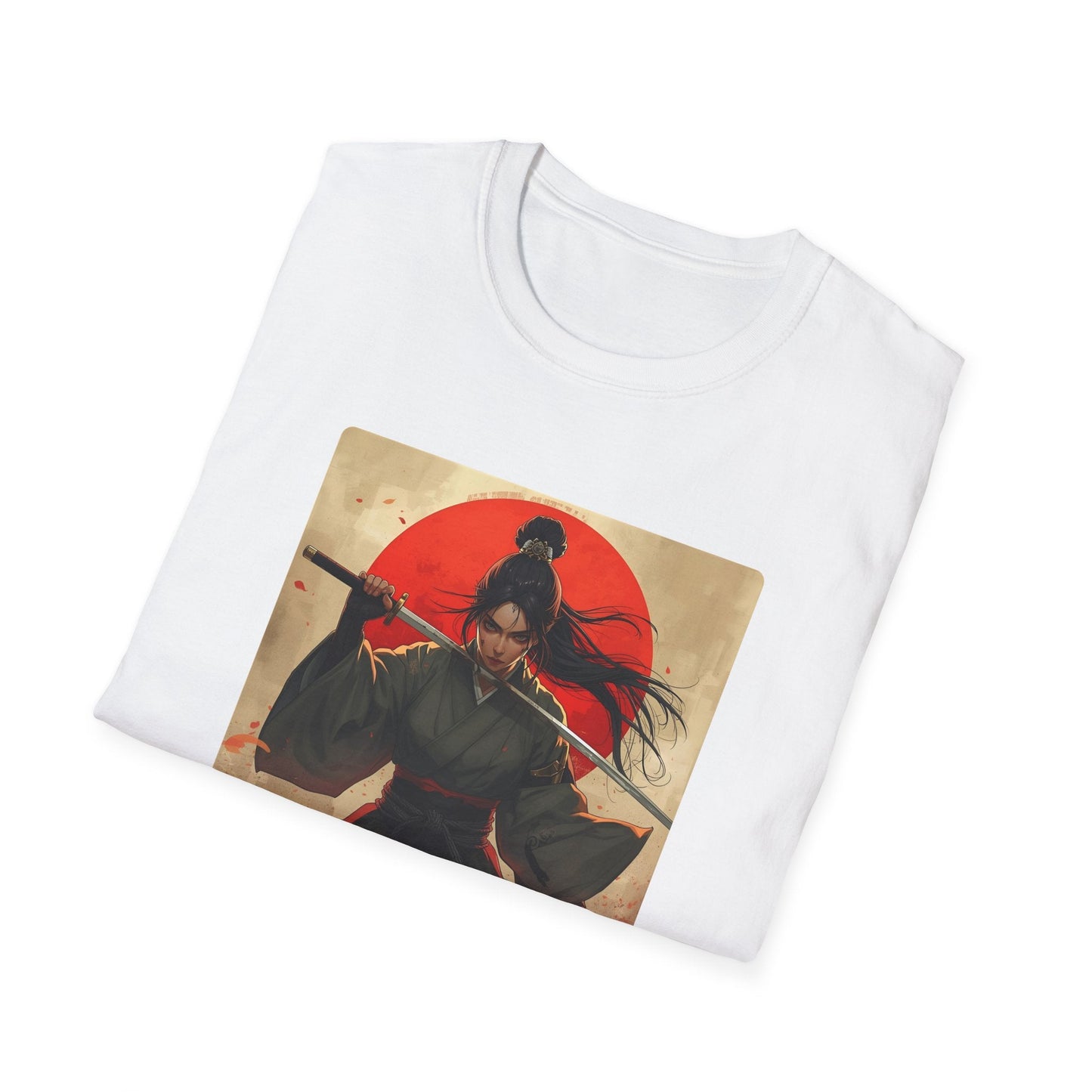 Folded Red Sun Resolve Samurai Warrior T-Shirt in white showing Japanese-inspired warrior artwork with a katana, red sun and dramatic battle-ready pose.