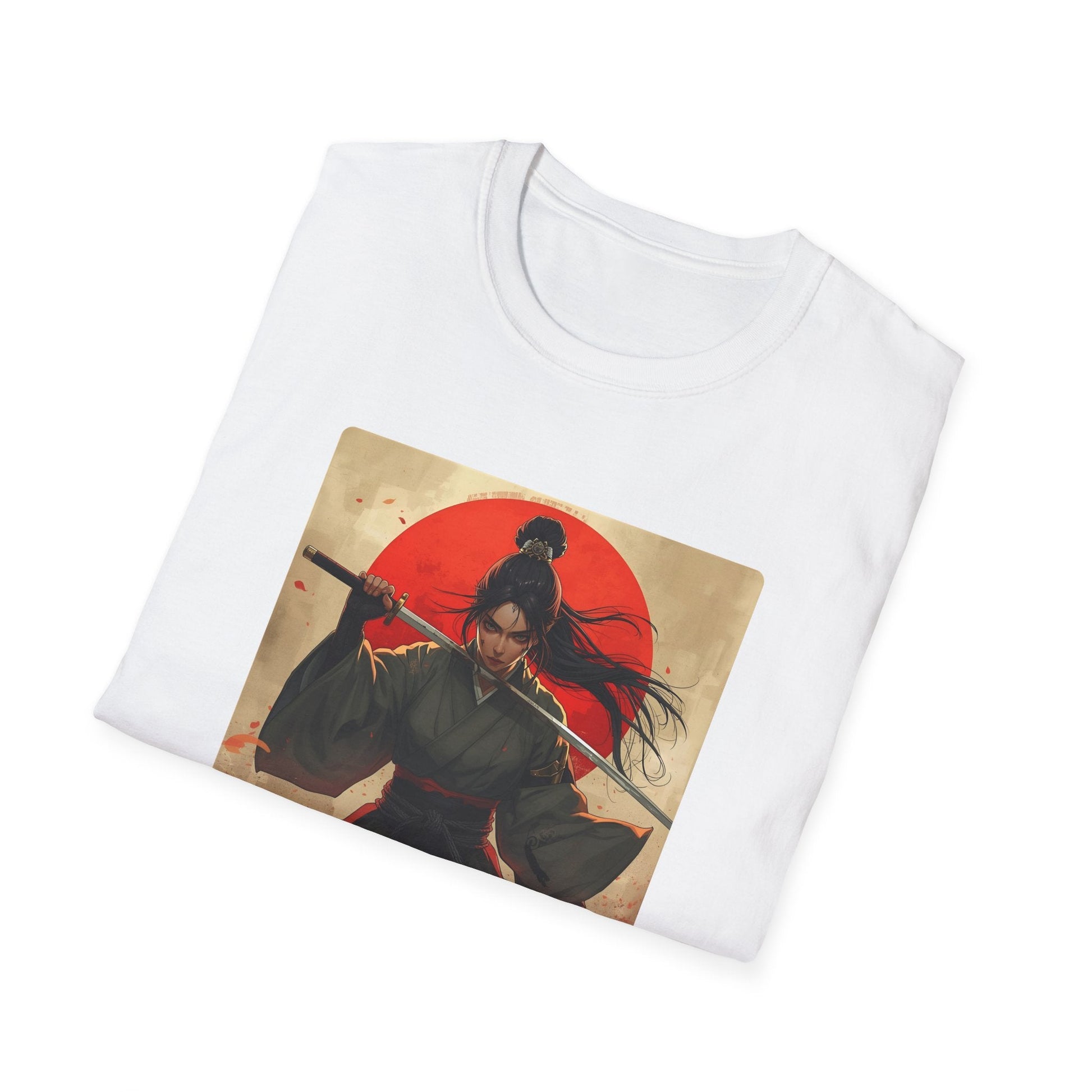 Folded Red Sun Resolve Samurai Warrior T-Shirt in white showing Japanese-inspired warrior artwork with a katana, red sun and dramatic battle-ready pose.