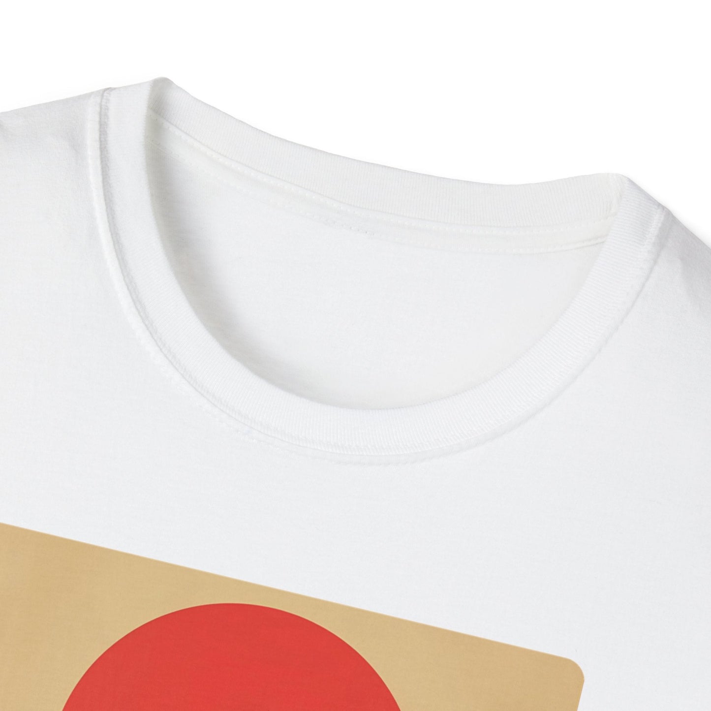 Close-up neckline view of the Longing Samurai Beneath the Crimson Sun T-Shirt in white with minimalist samurai artwork visible on the front.