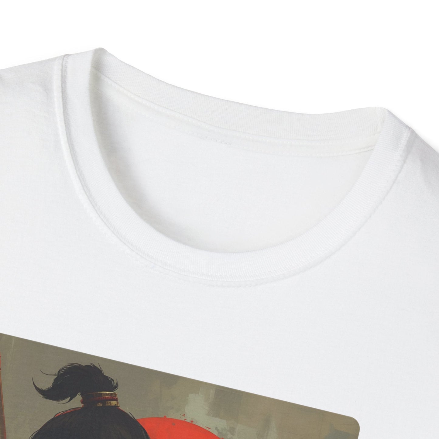 Close-up neckline view of the After the Silence Samurai Beneath the Blood Moon T-Shirt in white with moody samurai artwork visible on the front.