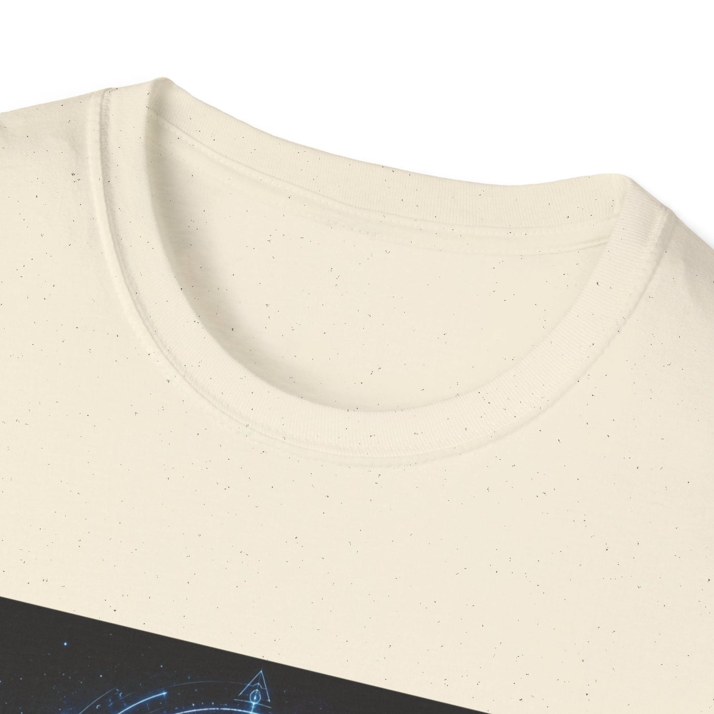 Neckline of Signal from the Void alien T-Shirt in natural with cosmic sci-fi artwork