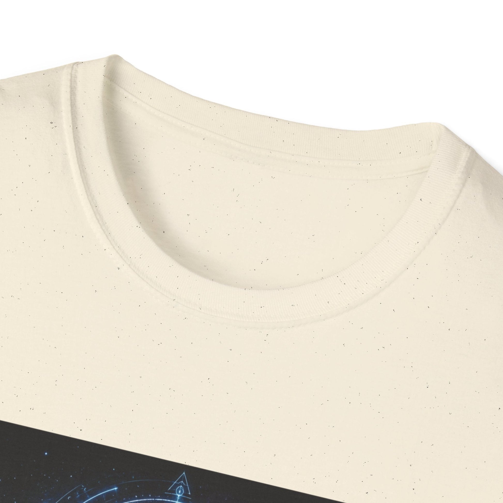 Neckline of Signal from the Void alien T-Shirt in natural with cosmic sci-fi artwork