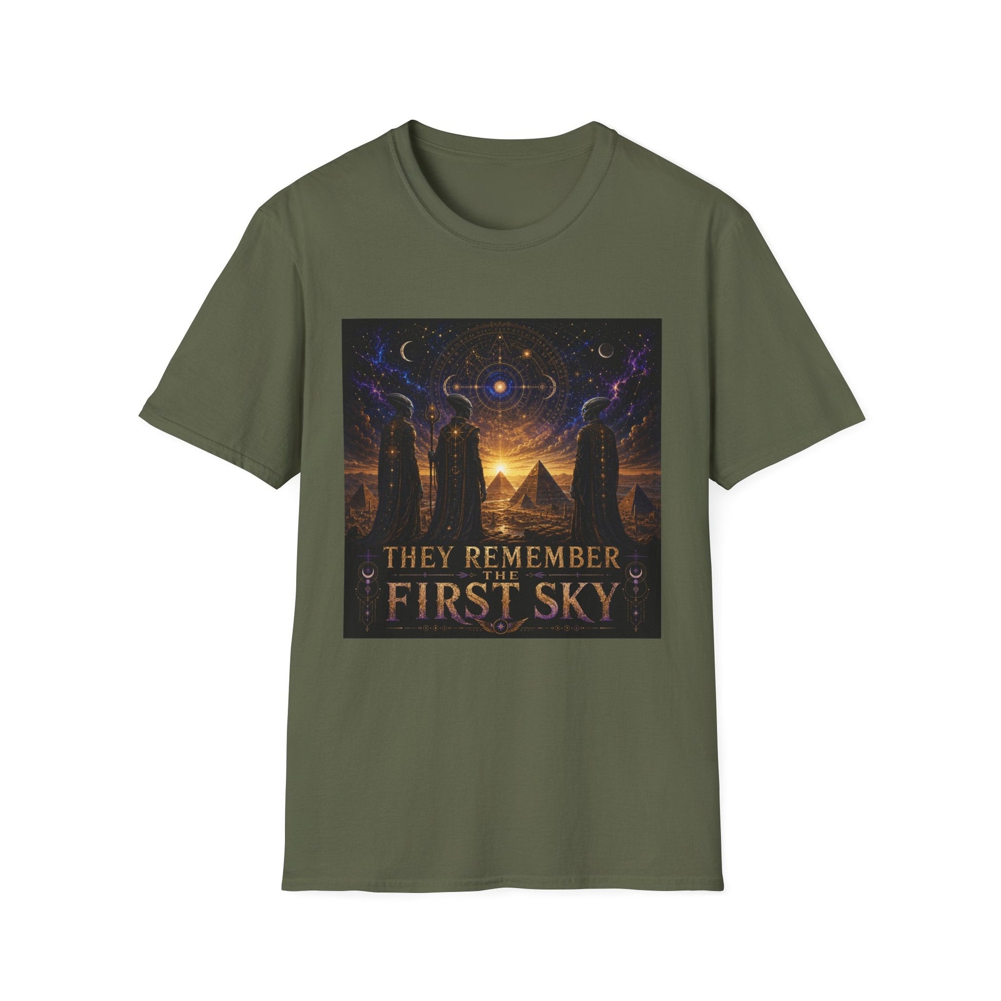 They Remember the First Sky T-Shirt in military green,  artwork featuring robed alien figures overlooking pyramids beneath a golden celestial sky map.