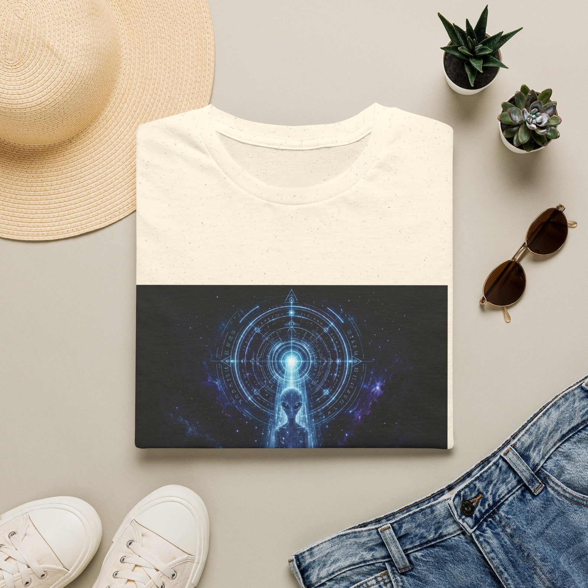 Folded Signal from the Void alien T-Shirt in natural with cosmic sci-fi artwork