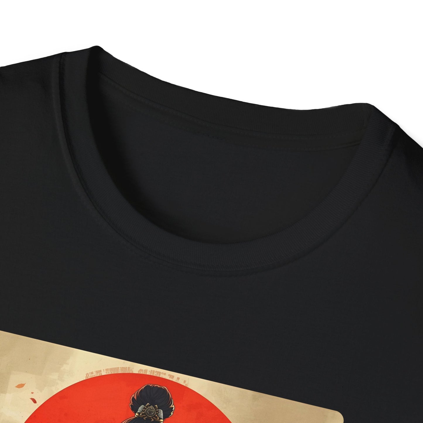 Close-up neckline view of the Red Sun Resolve Samurai Warrior T-Shirt in black with bold samurai warrior artwork visible on the front.
