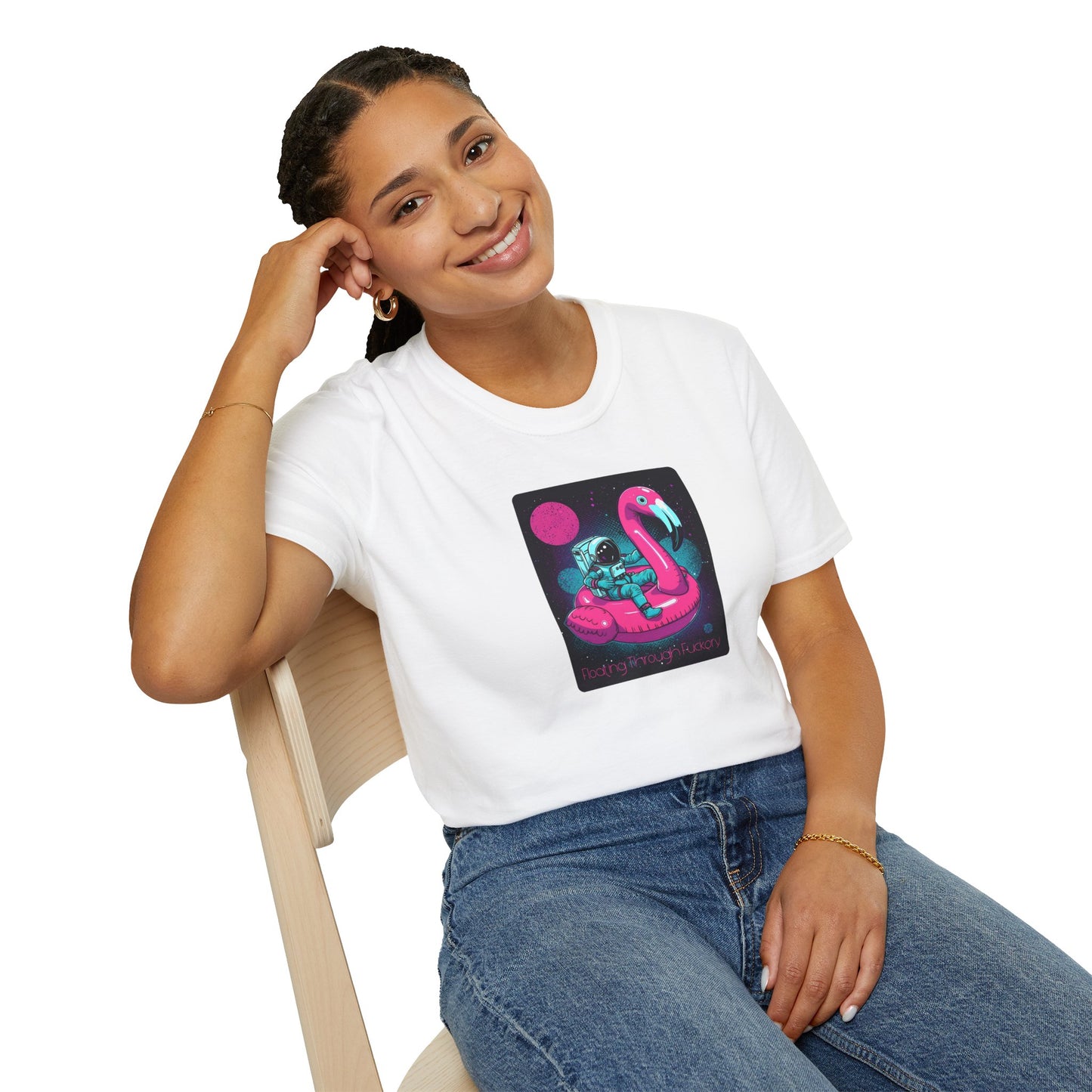 Floating Through Fckery T-Shirt – Surreal Astronaut Flamingo Space Tee