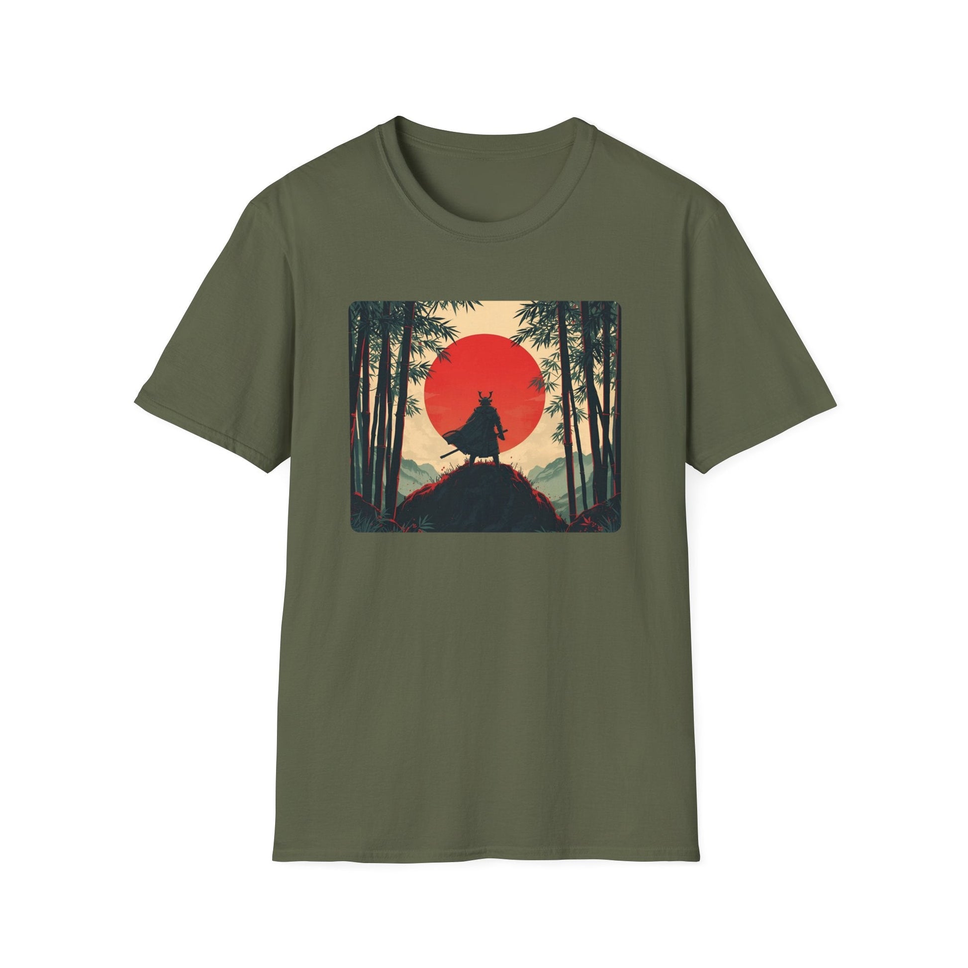 Solitude Lone Samurai Under the Crimson Moon T-Shirt in military green artwork featuring a lone samurai silhouette on a hill, surrounded by bamboo and a dramatic crimson moon.