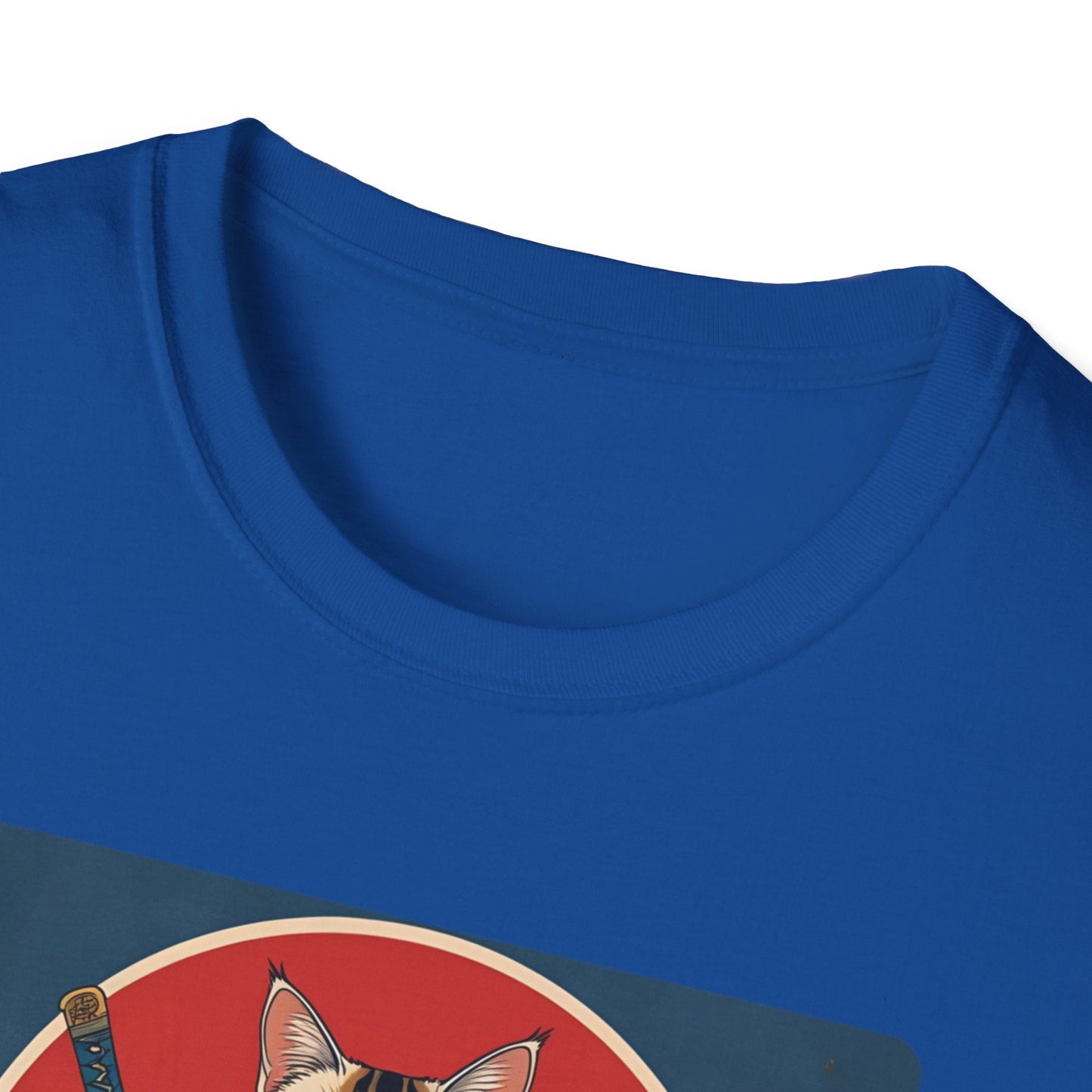 Close-up neckline view of the Whisper of the Blade Samurai Cat T-Shirt in royal with samurai cat artwork visible on the front.