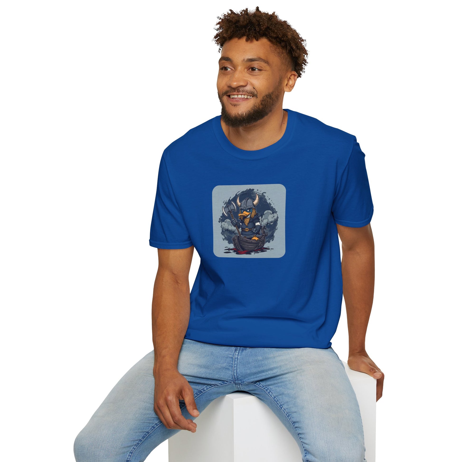 Goth Viking Duck T-Shirt with dark cartoon chaos artwork in Royal