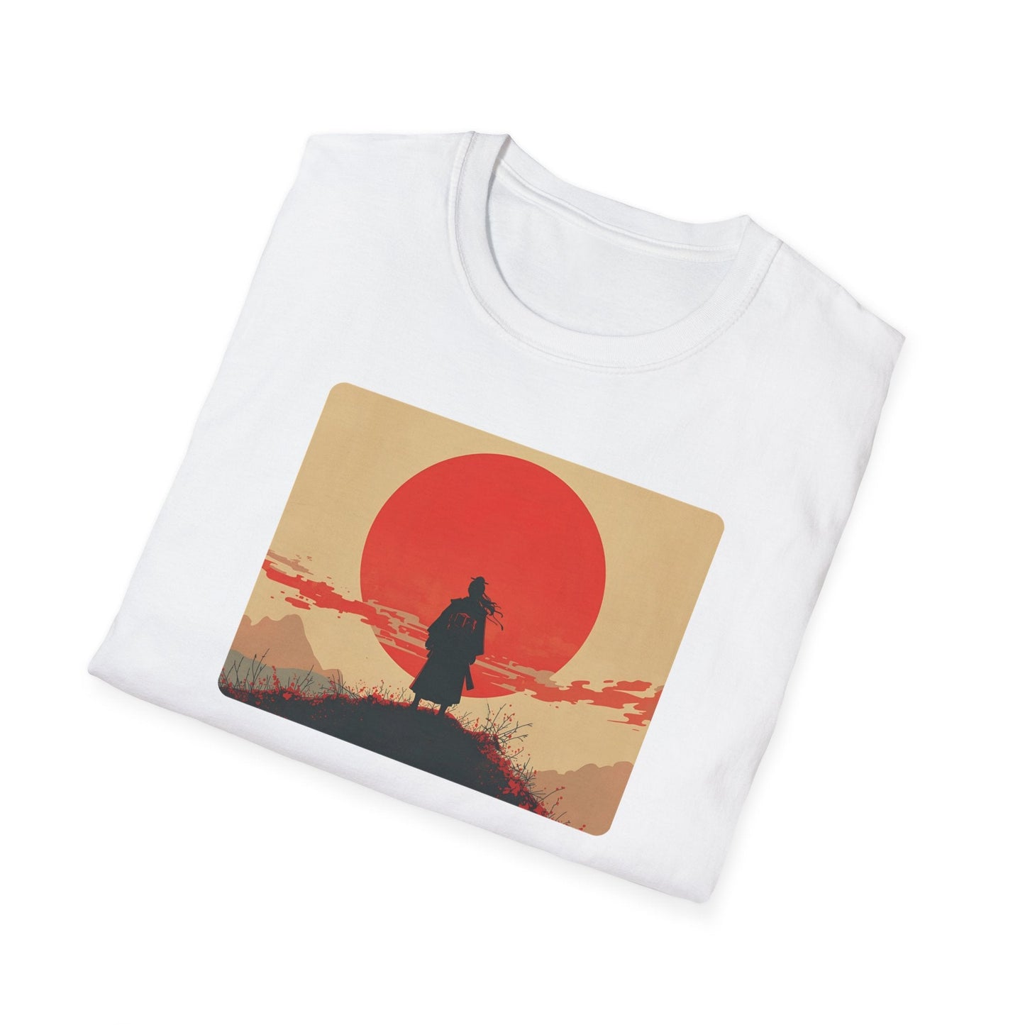 Folded Longing Samurai Beneath the Crimson Sun T-Shirt in white showing minimalist Japanese-inspired artwork with a lone samurai, crimson sun and quiet landscape.