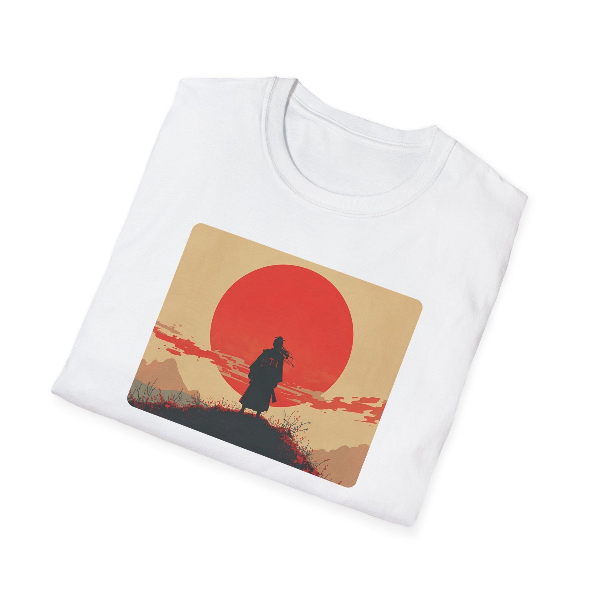 Folded Longing Samurai Beneath the Crimson Sun T-Shirt in white showing minimalist Japanese-inspired artwork with a lone samurai, crimson sun and quiet landscape.