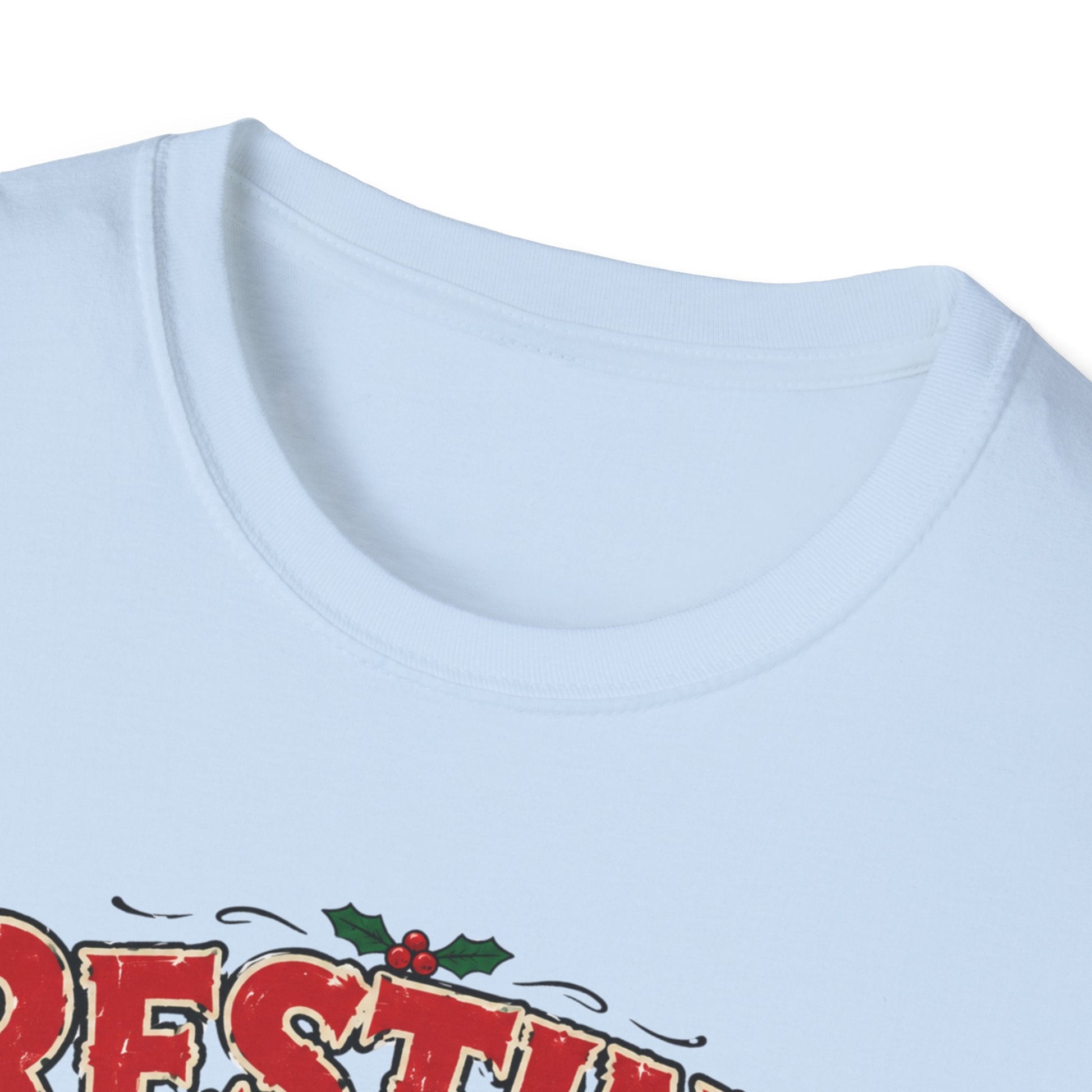 Close-up neckline image of the Resting Elf Face Christmas T-Shirt in light blue 