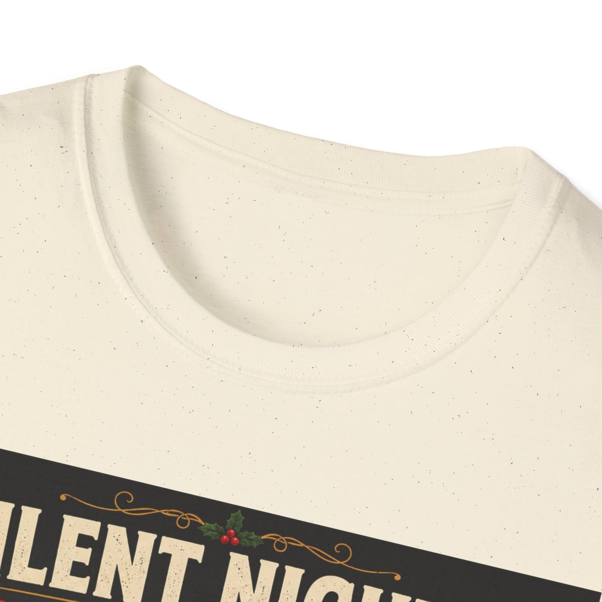 Close-up neckline image of the Silent Night? Unlikely. Cat Christmas T-Shirt in natural