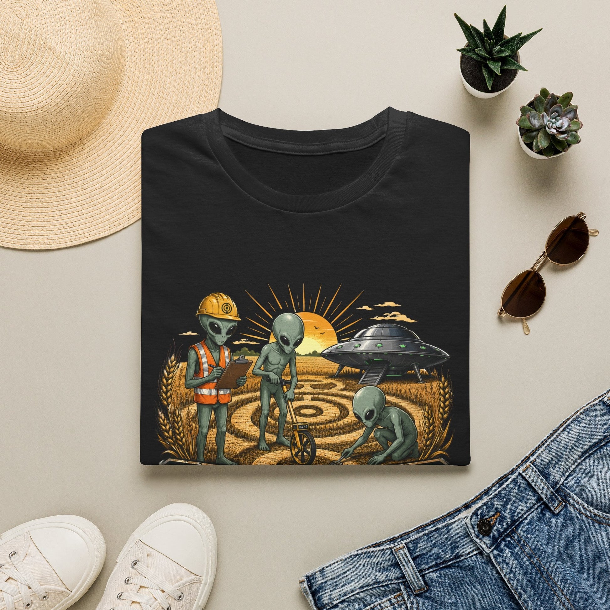 Folded Crop Circle Maintenance Crew T-Shirt in black showing funny alien artwork with a UFO, crop circle, wheat field and bold vintage-style text.