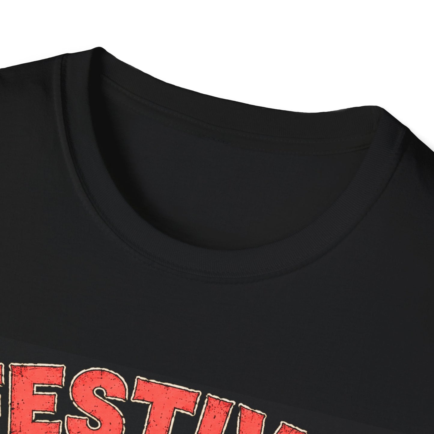 Close-up neckline image of the Festive But Tired Reindeer Christmas T-Shirt in black 