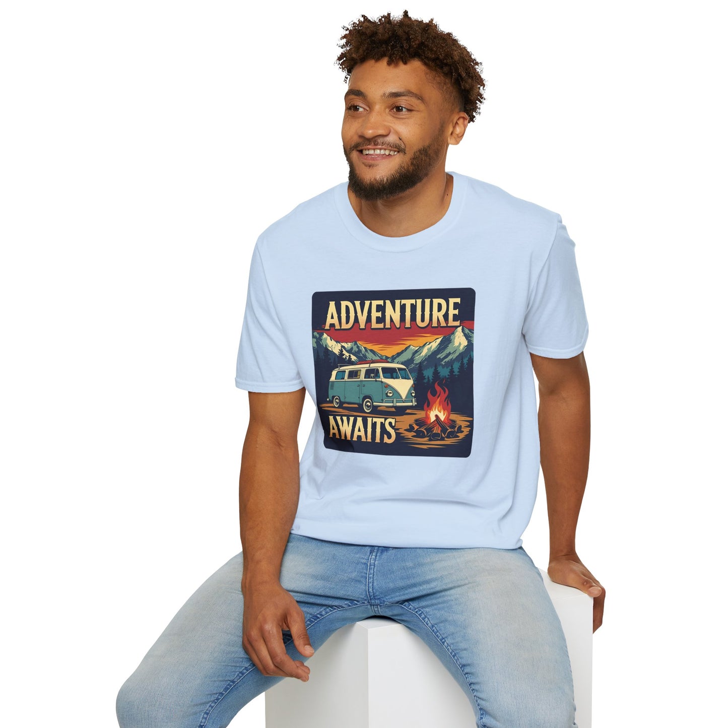 Adventure Awaits - Retro Camper Van Adventure T-Shirt in Light Blue