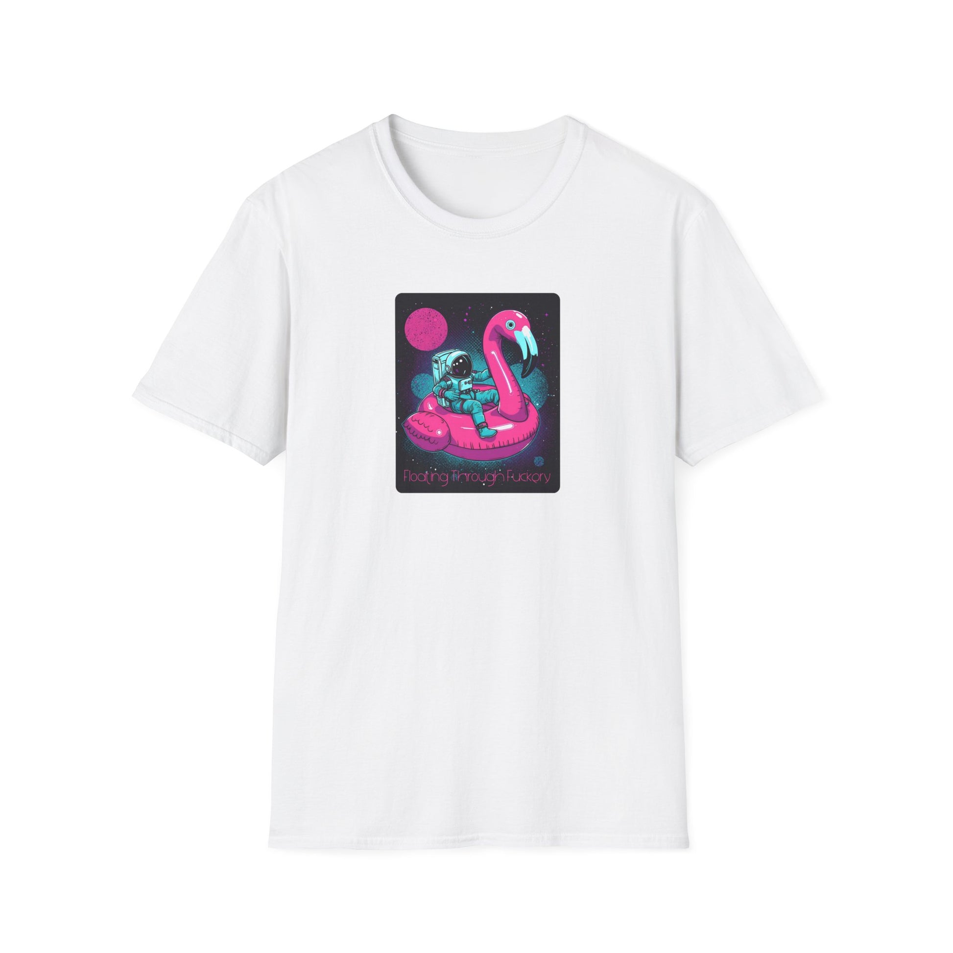 Floating Through Fckery T-Shirt – Surreal Astronaut Flamingo Space Tee in White