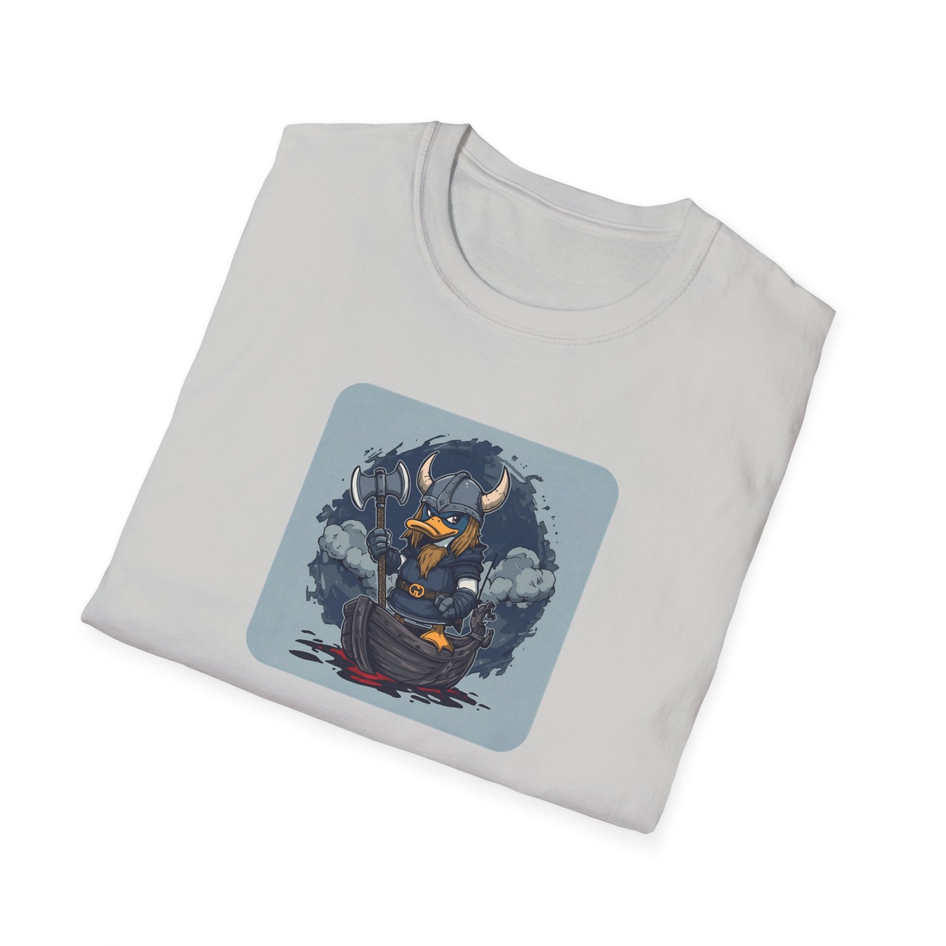 Goth Viking Duck – Dark Cartoon Chaos T-Shirt in Ice Grey -Folded