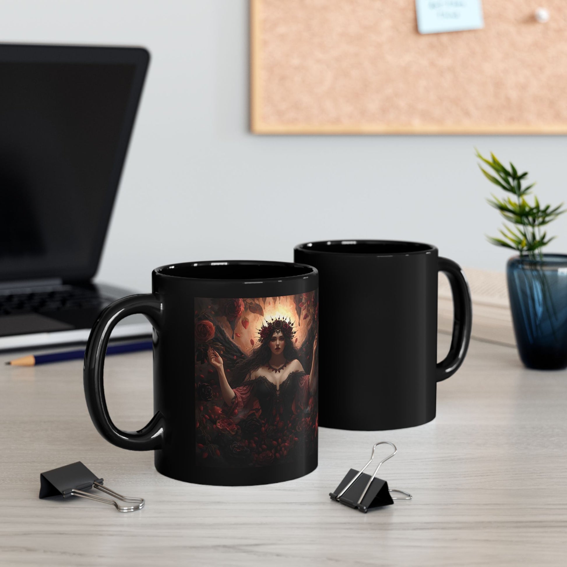 Persephone — Queen of the Underworld Mug - two mugs with front and back view - black mug with image of Persephone