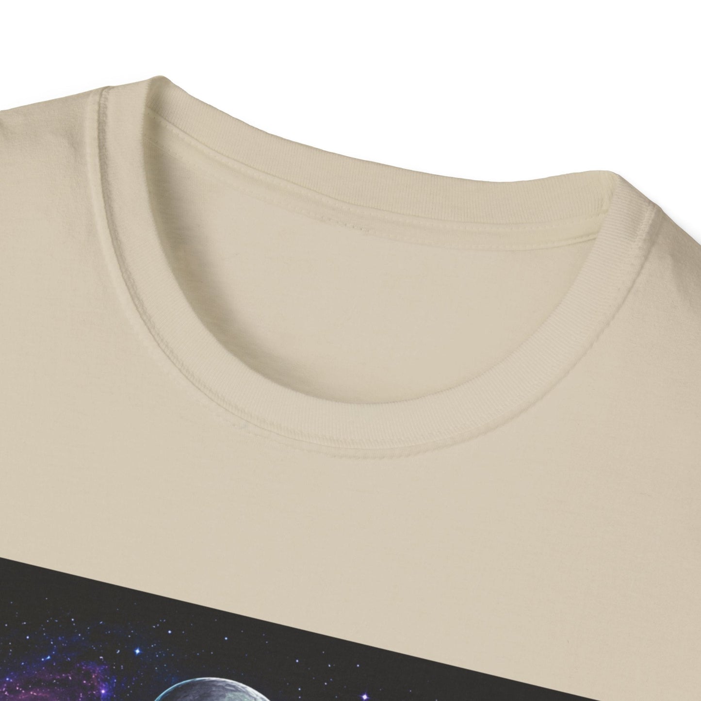 Neckline of Intergalactic Introvert alien T-Shirt in natural with sci-fi artwork
