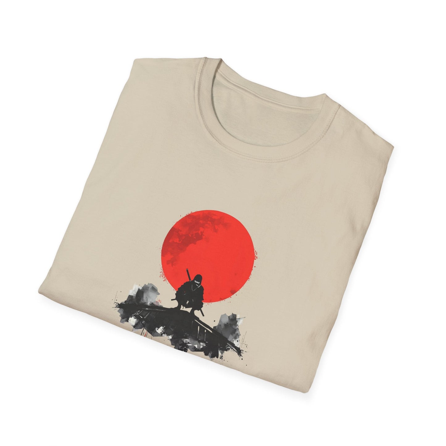 Folded Silent Watch Ninja Beneath the Crimson Moon T-Shirt in natural showing minimalist ninja artwork with a red moon, shadowed rooftop and black ink-style details.