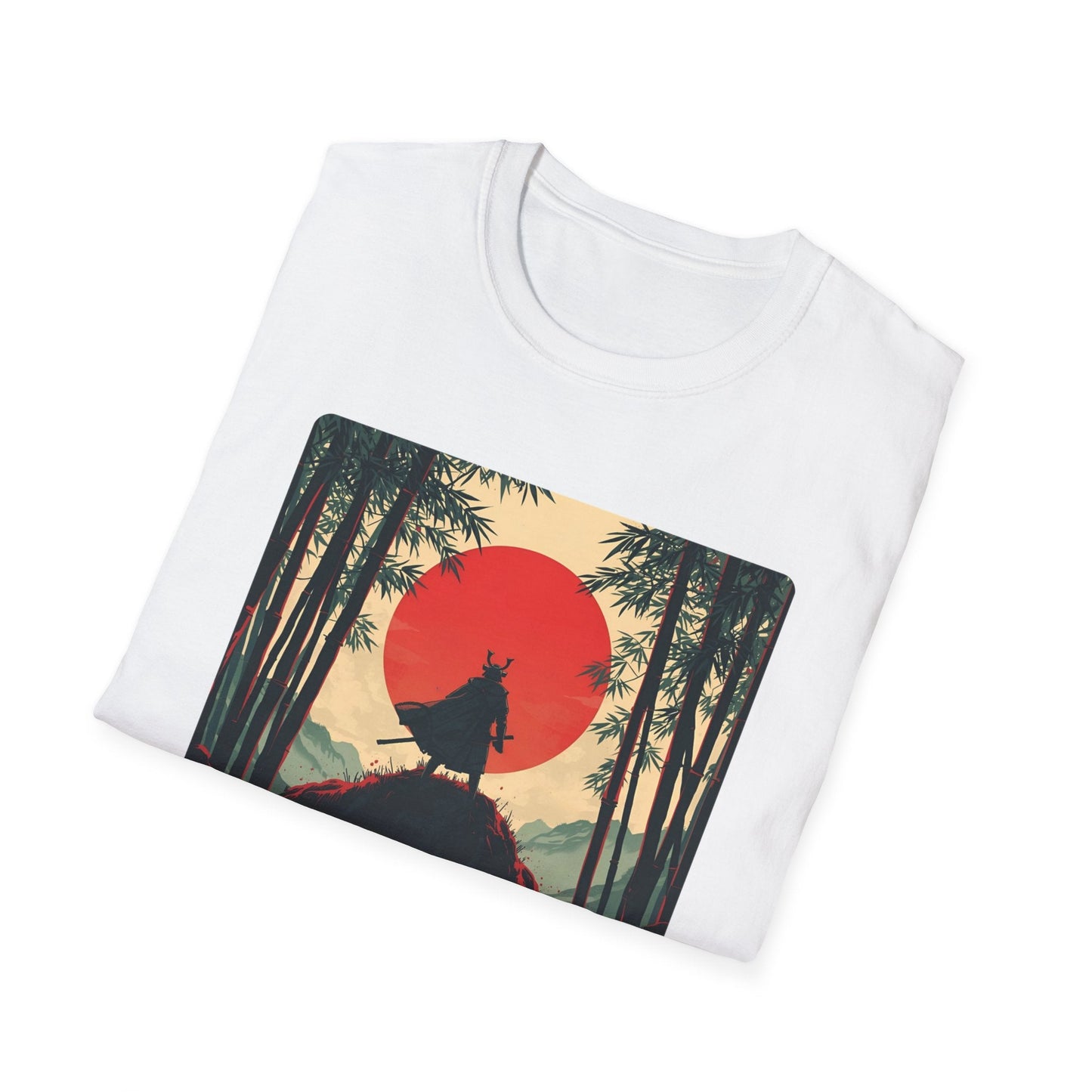 Folded Solitude Lone Samurai Under the Crimson Moon T-Shirt in white showing Japanese-inspired artwork with a lone samurai, bamboo forest, dark landscape and crimson moon.