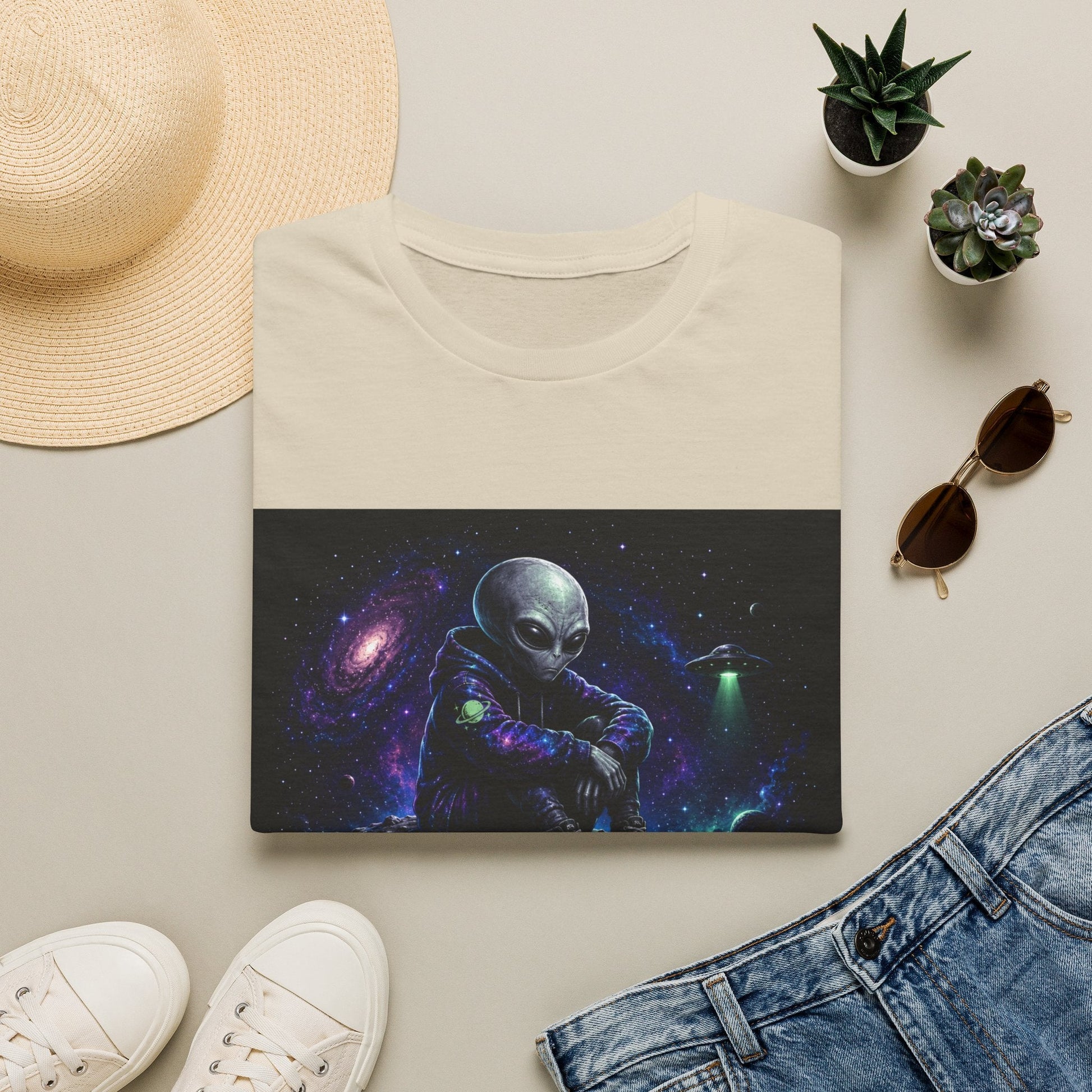 Folded Intergalactic Introvert alien T-Shirt  in natural with sci-fi artwork