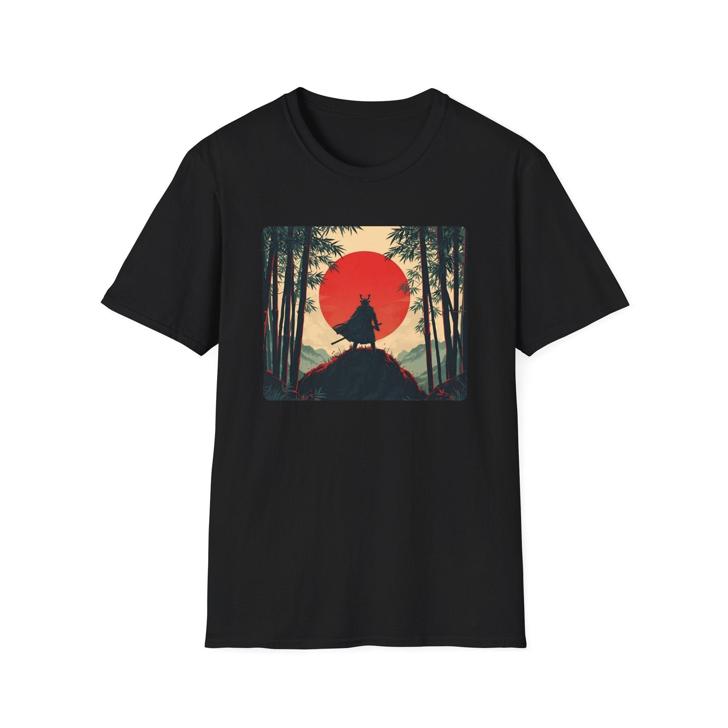 Solitude Lone Samurai Under the Crimson Moon T-Shirt in black, artwork featuring a lone samurai silhouette on a hill, surrounded by bamboo and a dramatic crimson moon.