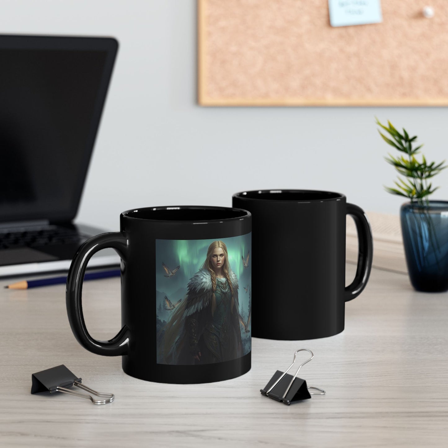 Freyja – Norse Goddess of Magic Mug - two mugs with front and back view  - black mug with image of Freyja