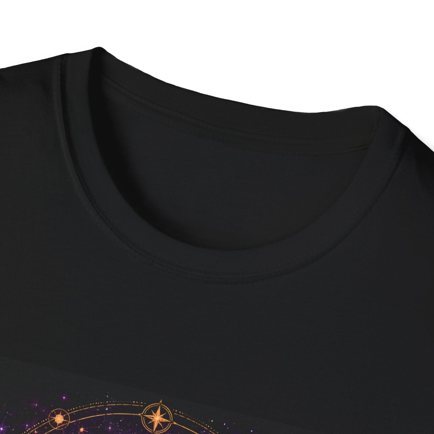 Neckline of Starseed Outlaw T-shirt in black artwork featuring cosmic rebel and alien-inspired graphic style.