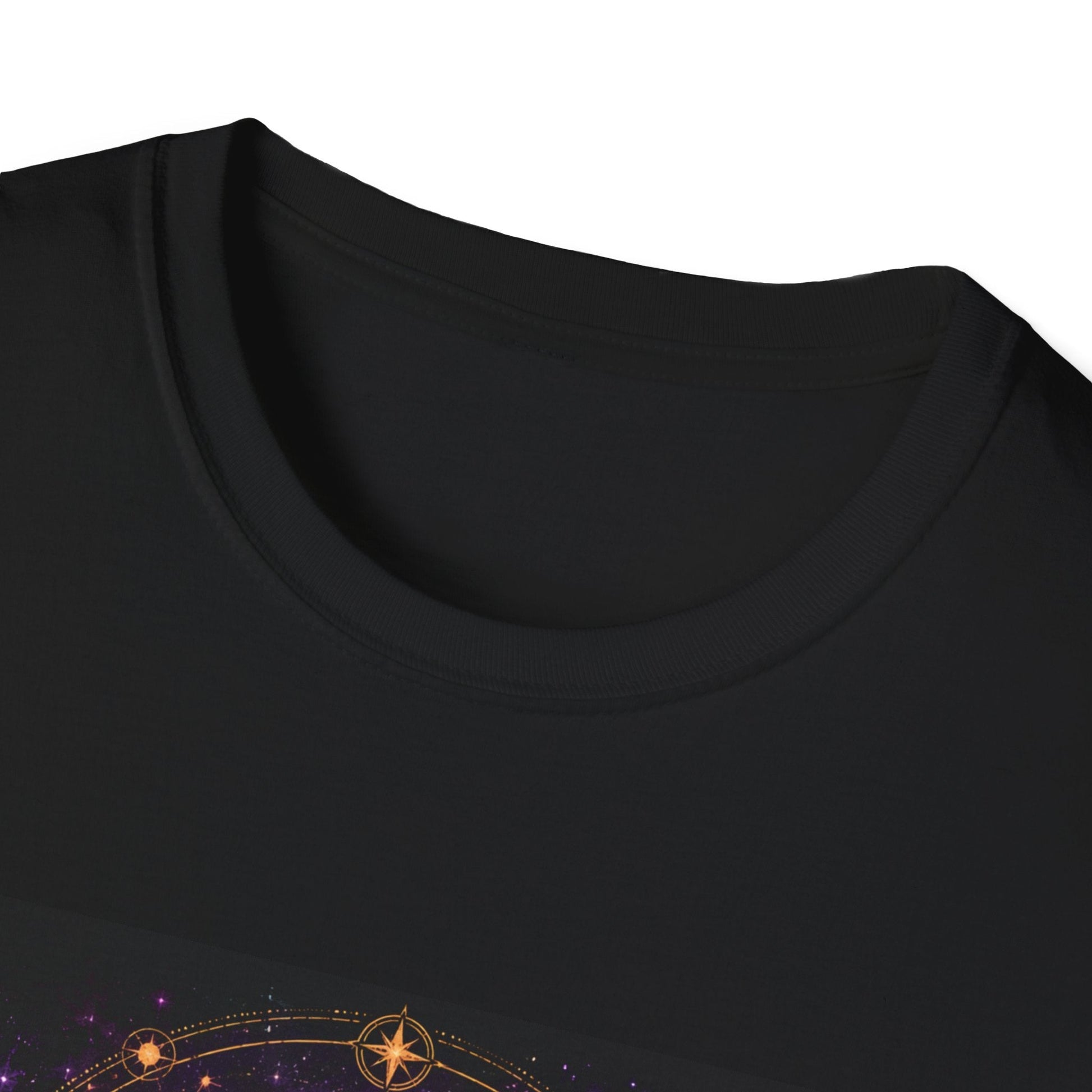 Neckline of Starseed Outlaw T-shirt in black artwork featuring cosmic rebel and alien-inspired graphic style.