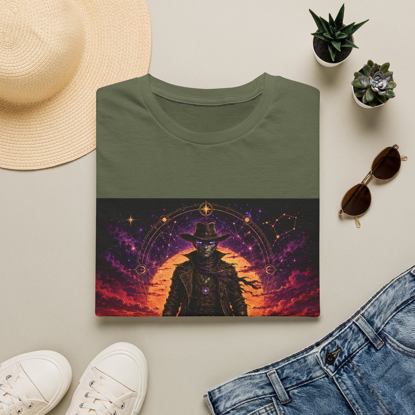 Folded Starseed Outlaw T-shirt in military green artwork featuring cosmic rebel and alien-inspired graphic style.