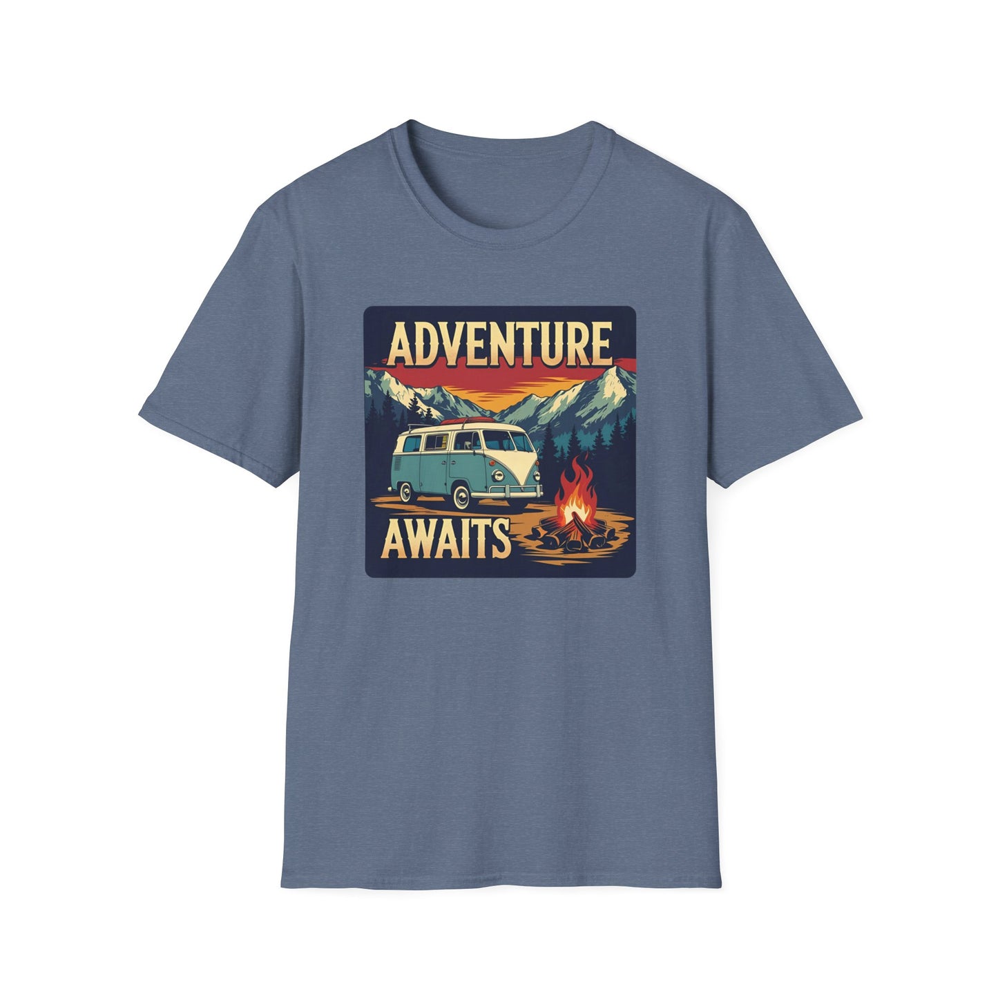 Adventure Awaits - Retro Camper Van Adventure T-Shirt in Heather Indigo