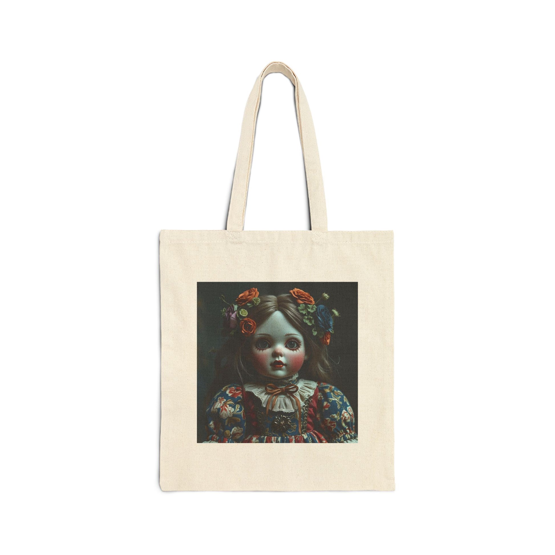 Victoria - Vintage Spooky Doll Canvas Tote in Natural