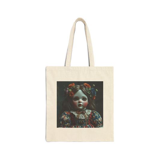 Victoria - Vintage Spooky Doll Canvas Tote in Natural